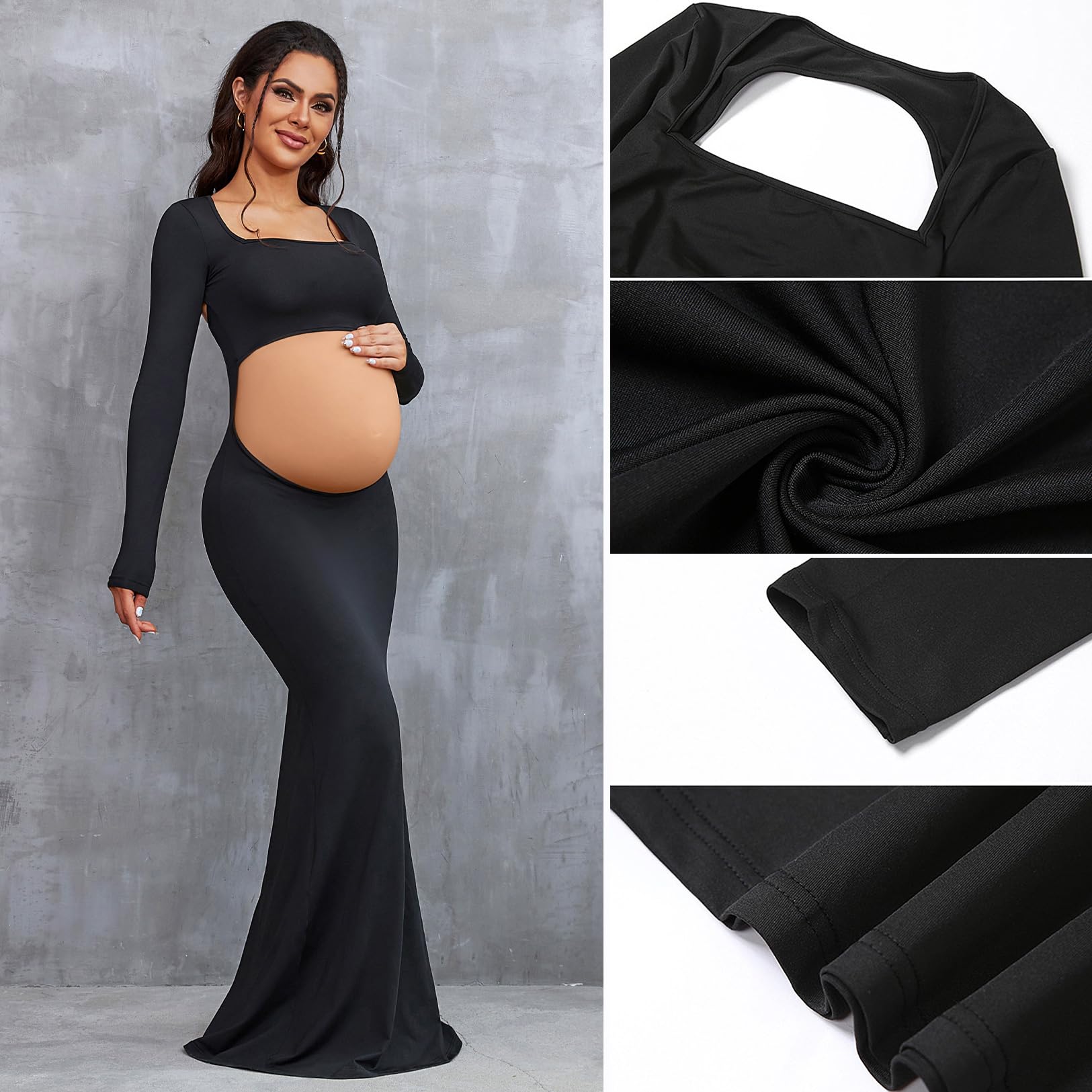Bhome Sexy Backless Maternity Photoshoot Dress - Long Sleeve Cut-Out Maxi Gown for Pregnancy Photography, Baby Shower & Special Occasions