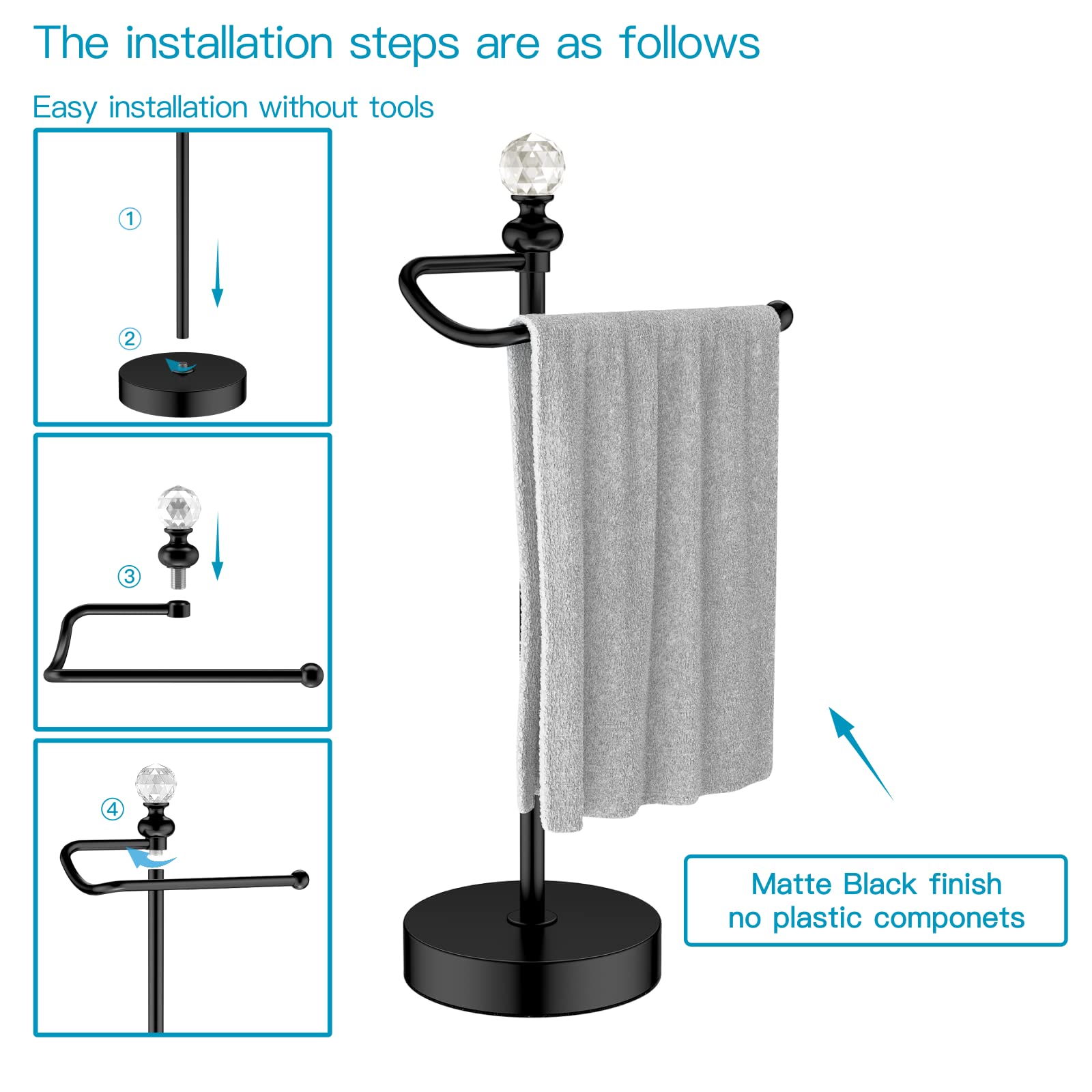 Heavy Weighted Hand Towel Stand with Crystal Ball - 15.7'' Tall Metal Towel Holder for Kitchen, Bathroom & Vanity - Classic Matte Black Decorative Towel Rack - Perfect for Farmhouse, Modern and Traditional Home Decor