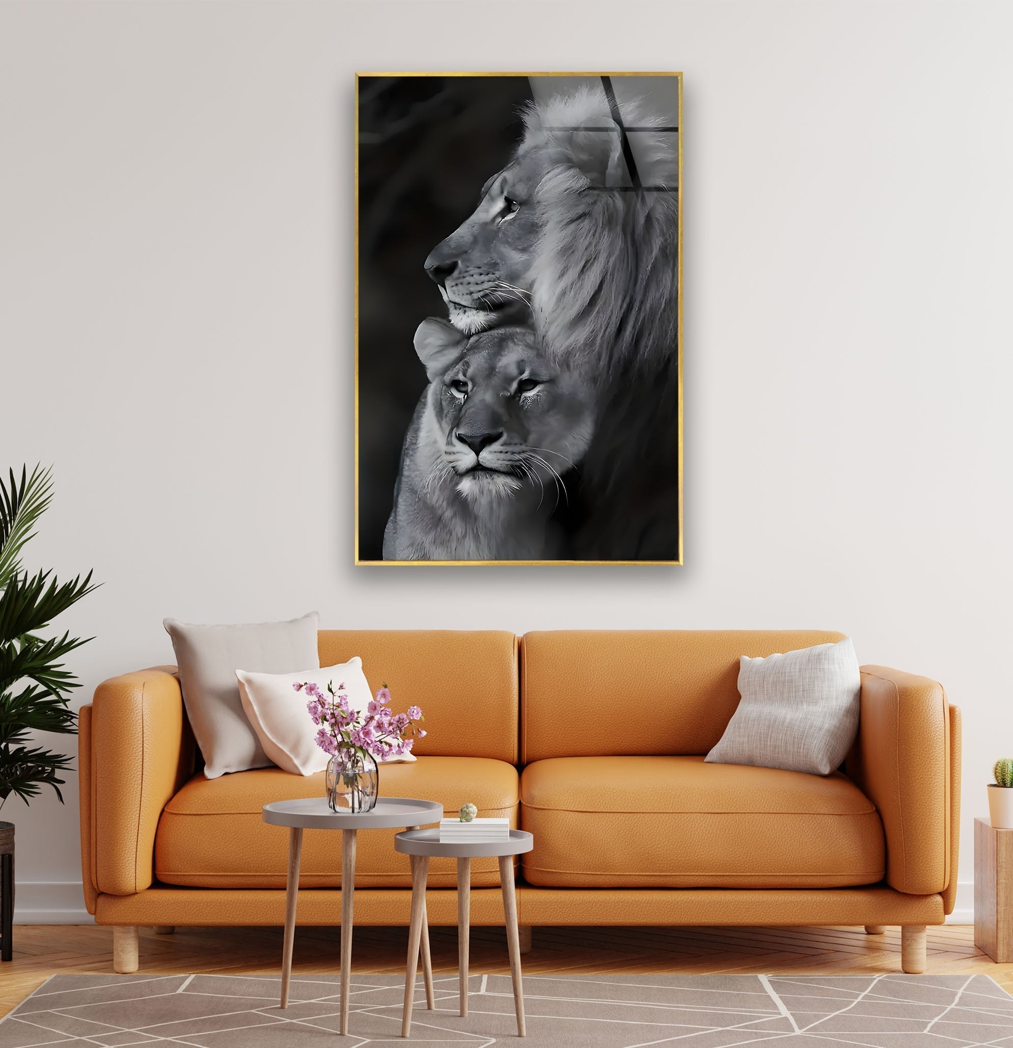 Black & White Lion Family Glass Wall Art - Elegant Home Decor for Living Room, Bedroom & Office - Perfect Gift for Animal Lovers