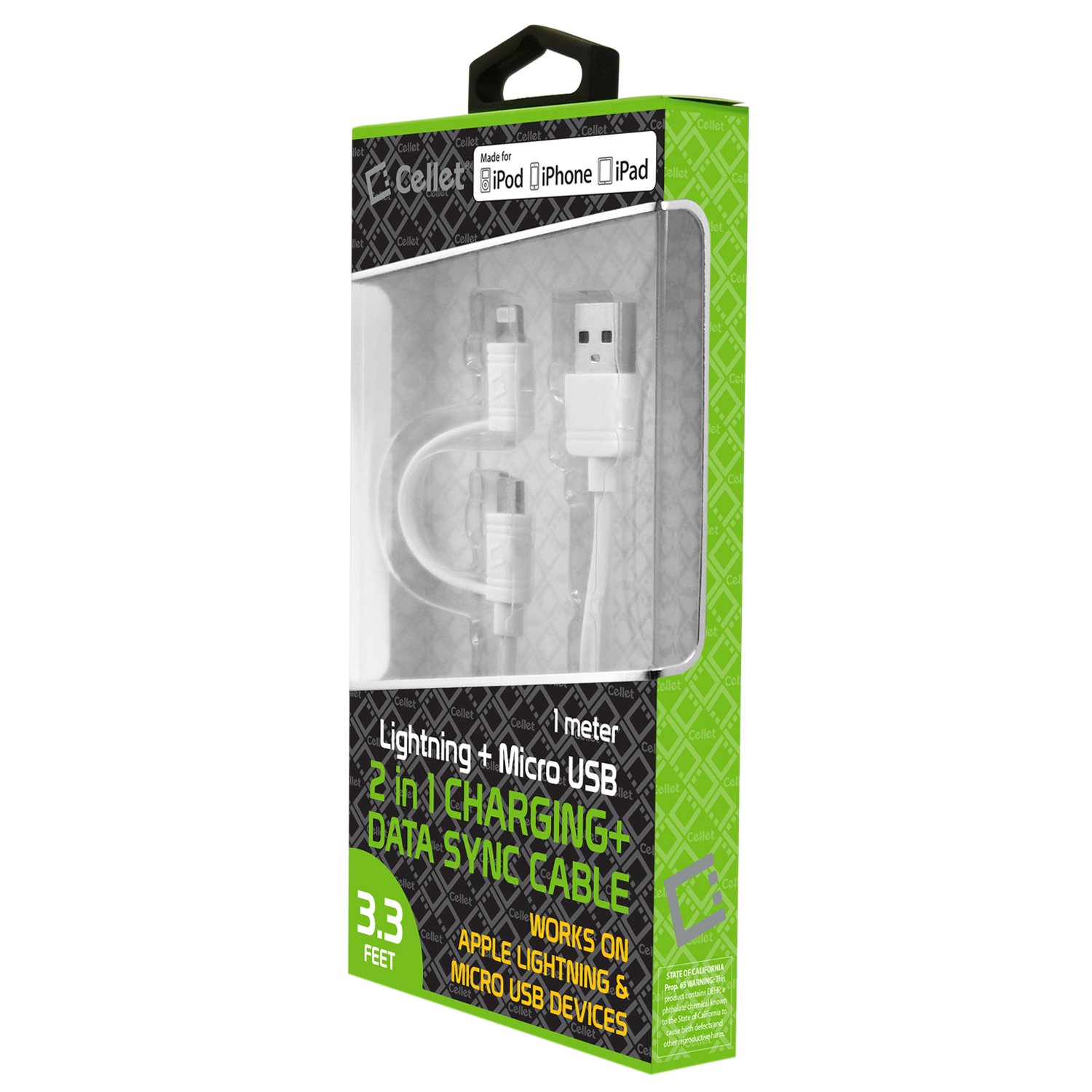 Cellet iPhone Charger Cable & Micro-USB Combo - 3ft Fast Charging Cord Compatible with iPhone 13/12/11 Pro Max/Mini, iPad Pro/Air/Mini - Durable Nylon Braided White Cable for Home, Office & Travel Charging