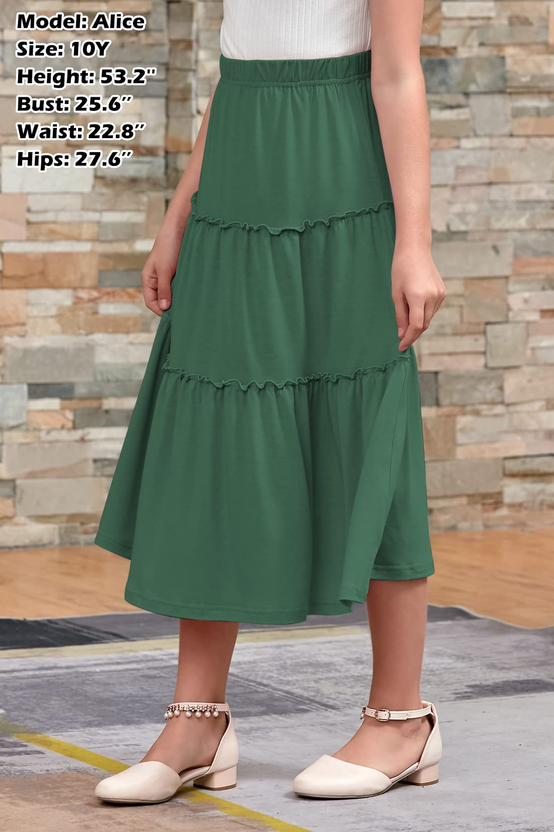 GORLYA Girls Bohemian Casual Elastic High Waist Tiered Ruffle Hem Long Swing Maxi Skirt for Kids 4-14 Years - Perfect for Beach Vacations, Summer Outfits & Boho Fashion