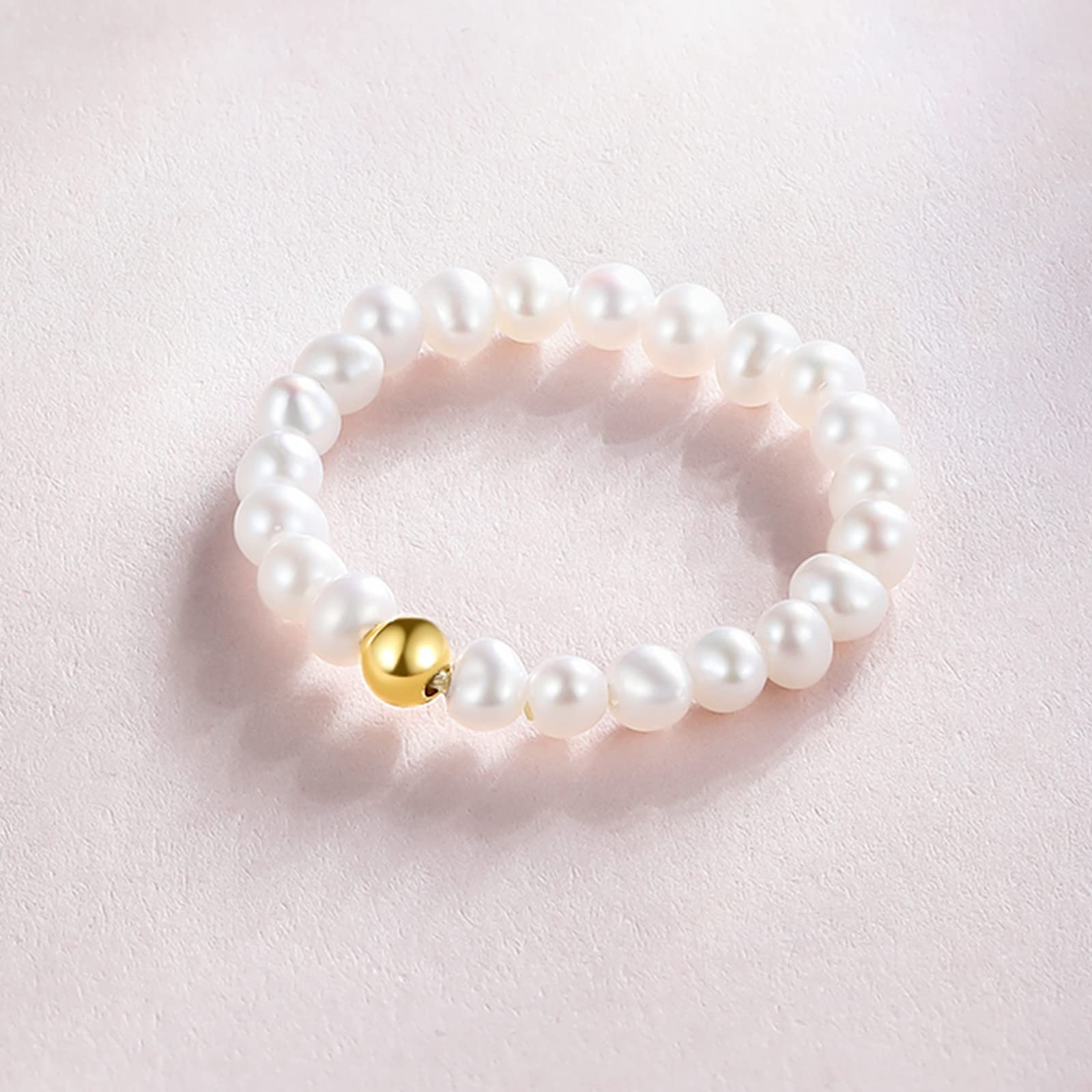 Zhou Liu Fu 18K Yellow Gold Adjustable Freshwater Pearl Ring - Real Natural Pearl Stretch Beaded Jewelry for Women, Mothers, Wives | Perfect for Anniversary, Birthday, Valentine's Day Gifts & Everyday Elegant Wear
