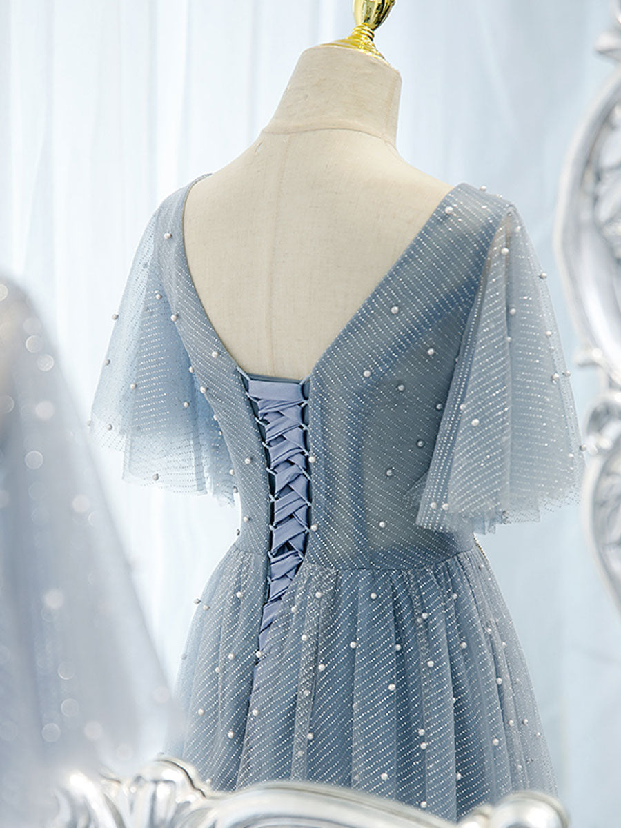 Elegant Blue V-Neck Tulle Beaded Long Prom Dress for Women - Formal Evening Gown for Homecoming, Ball, Wedding & Special Occasions