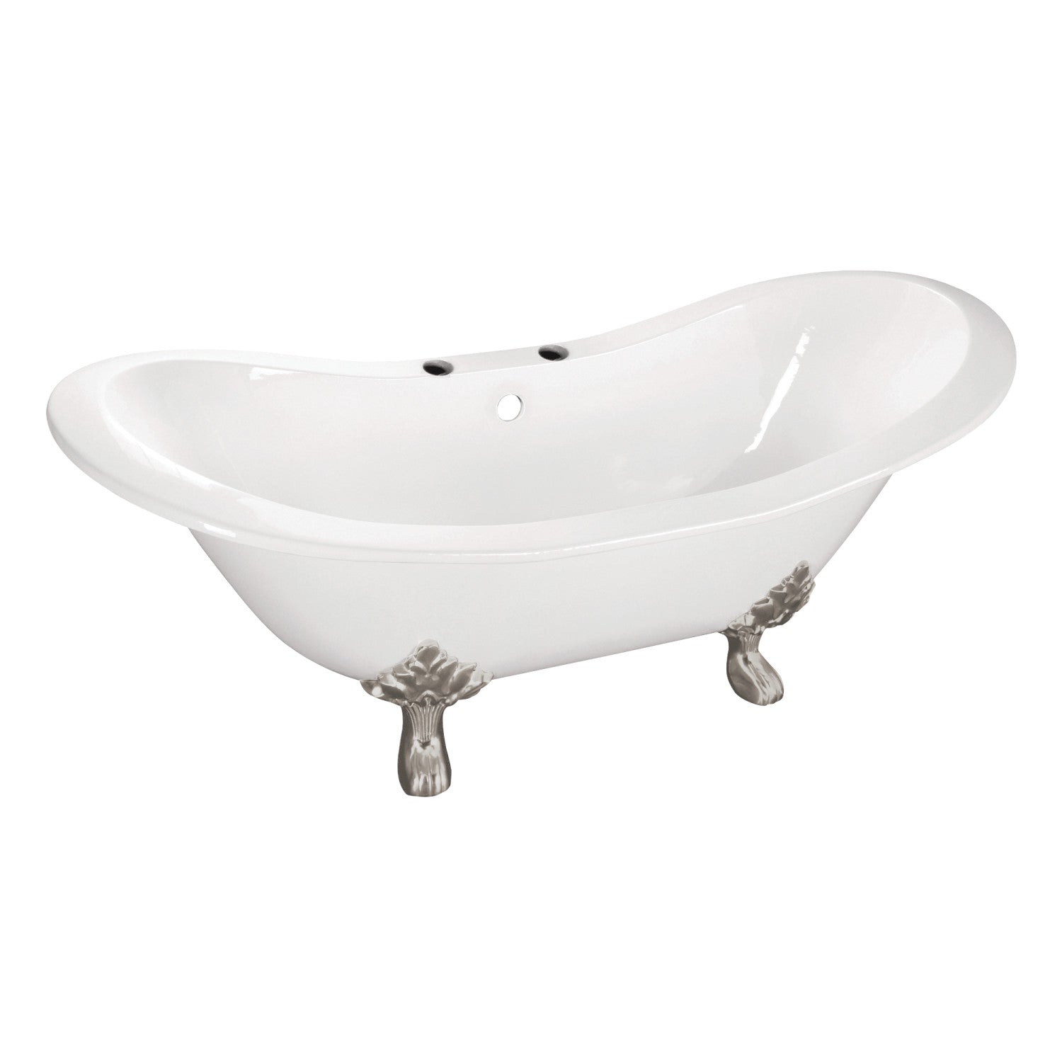 61 Inch White Cast Iron Oval Double Slipper Clawfoot Bathtub with Brushed Nickel Faucet Drillings - Vintage Freestanding Soaking Tub for Luxury Bathroom & Spa Retreat
