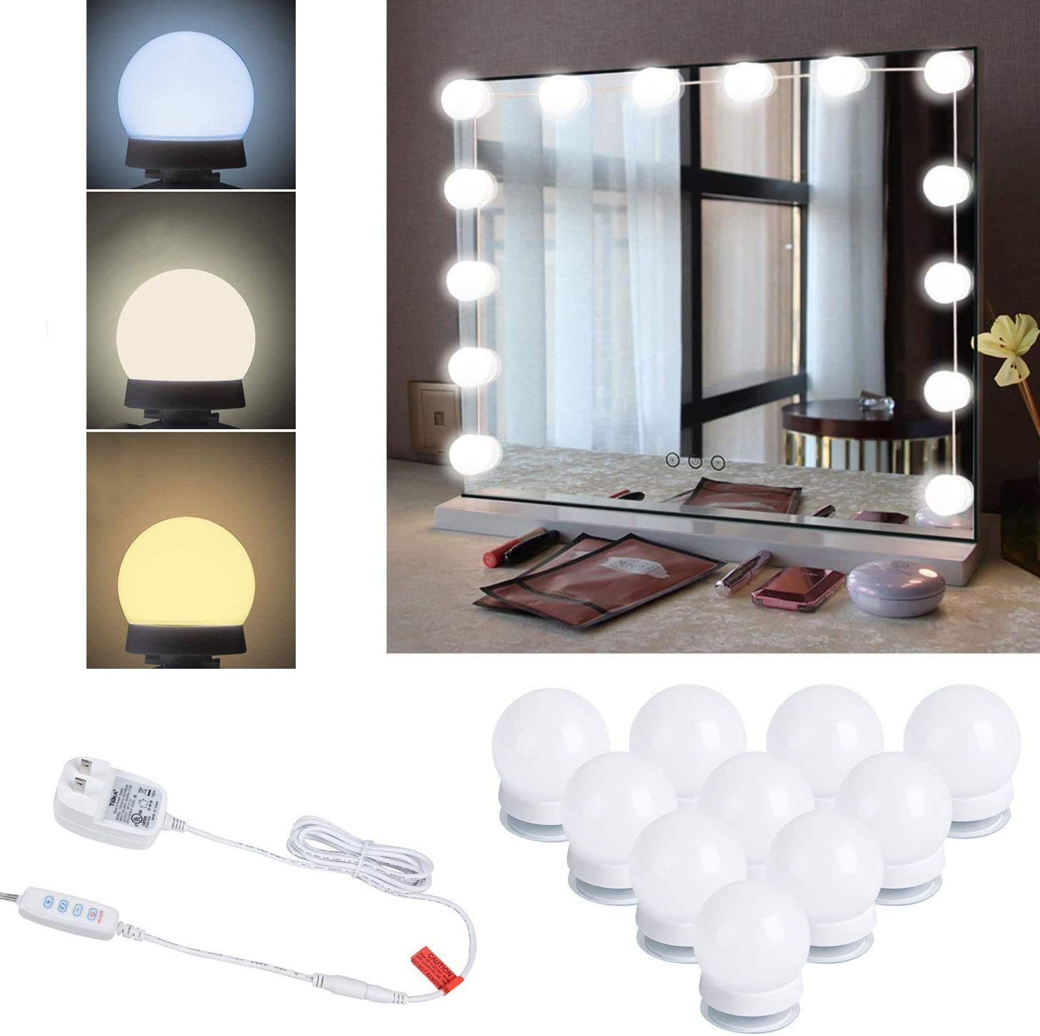 10-Light Dimmable Vanity Mirror Lights - Stick-On Hollywood Style Makeup Lighting with 3 Color Modes (No Mirror Included) - Perfect for Dressing Rooms, Bathrooms & Makeup Studios