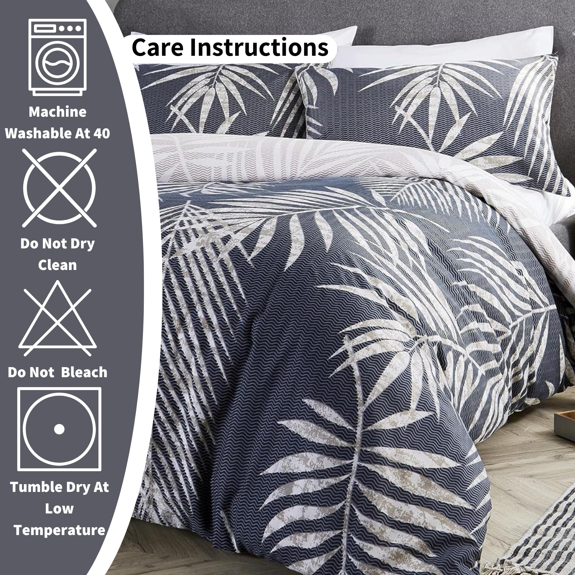 Olivia Rocco Tropical Leaf Duvet Cover Set - Modern Botanical Print 100% Cotton Reversible Quilt Cover - Easy Care Bedding Set for Double Bed in Navy Blue - Perfect for Beach House, Boho Bedroom & Tropical Home Decor