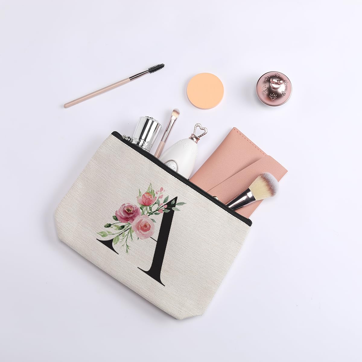 Personalized Initial Makeup Bag for Women - Monogrammed Cosmetic Pouch (Letter A) - Perfect Bridesmaid Gifts, Birthday Gifts for Mom, Best Friend & Bride - Great for Travel, Wedding Essentials & Daily Beauty Storage