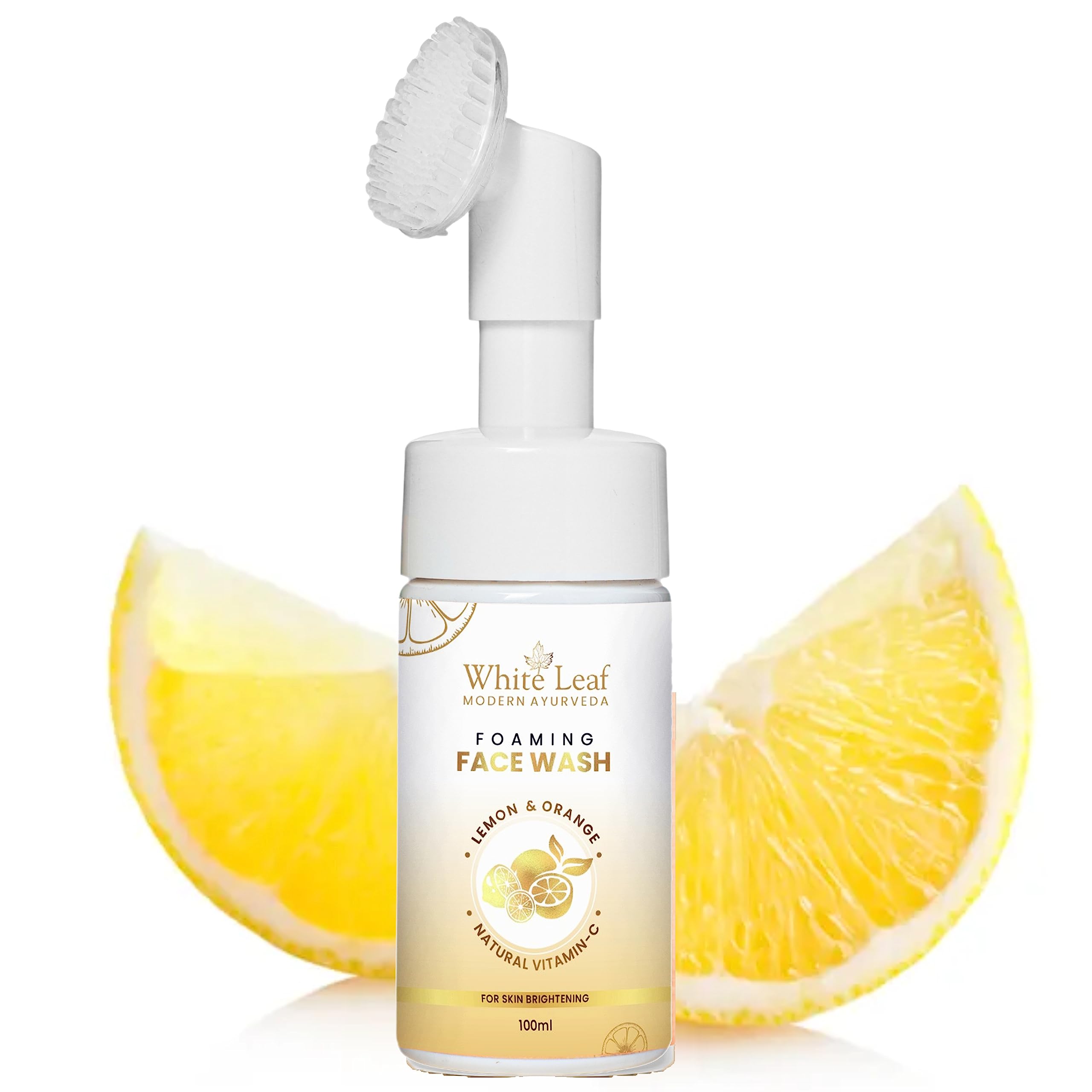 White Leaf Vitamin C Foaming Face Wash 100ml with Silicone Brush - Brightening & Anti-Aging Cleanser for All Skin Types | Vegan, Natural, Paraben & Sulfate Free | Perfect for Morning & Night Skincare Routine
