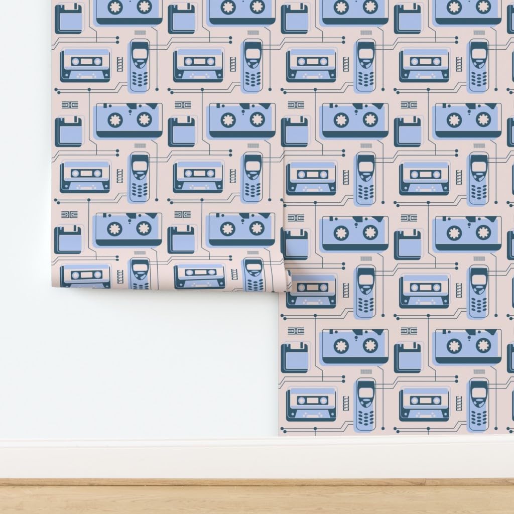 Premium Commercial Grade Wallpaper - 27ft x 2ft Roll, 2000S Light Blue & Dusty Pink Cassette Pattern, Traditional Phone Design by Spoonflower | Perfect for Living Rooms, Bedrooms, and Home Offices
