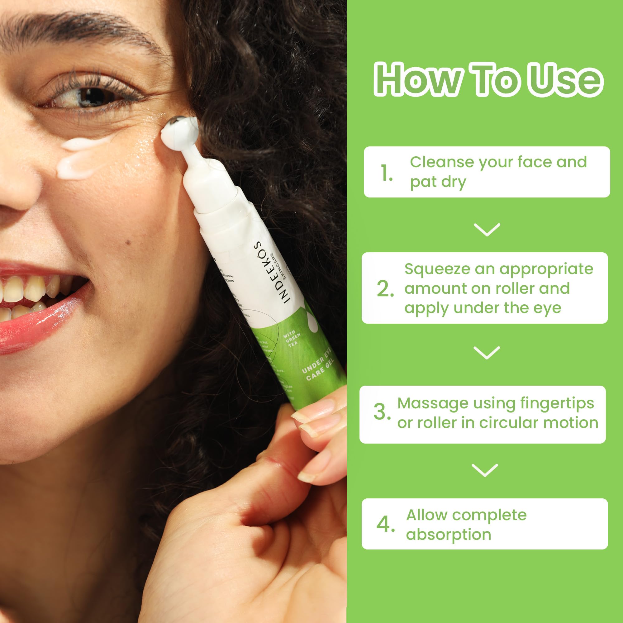 INDEEKOS Under Eye Gel Cream with Caffeine & Green Tea - Reduces Dark Circles, Puffiness, Wrinkles & Fine Lines - Hydrating Glow Booster for Men & Women - Vegan 15g - Perfect for Night Routine & Travel Skincare