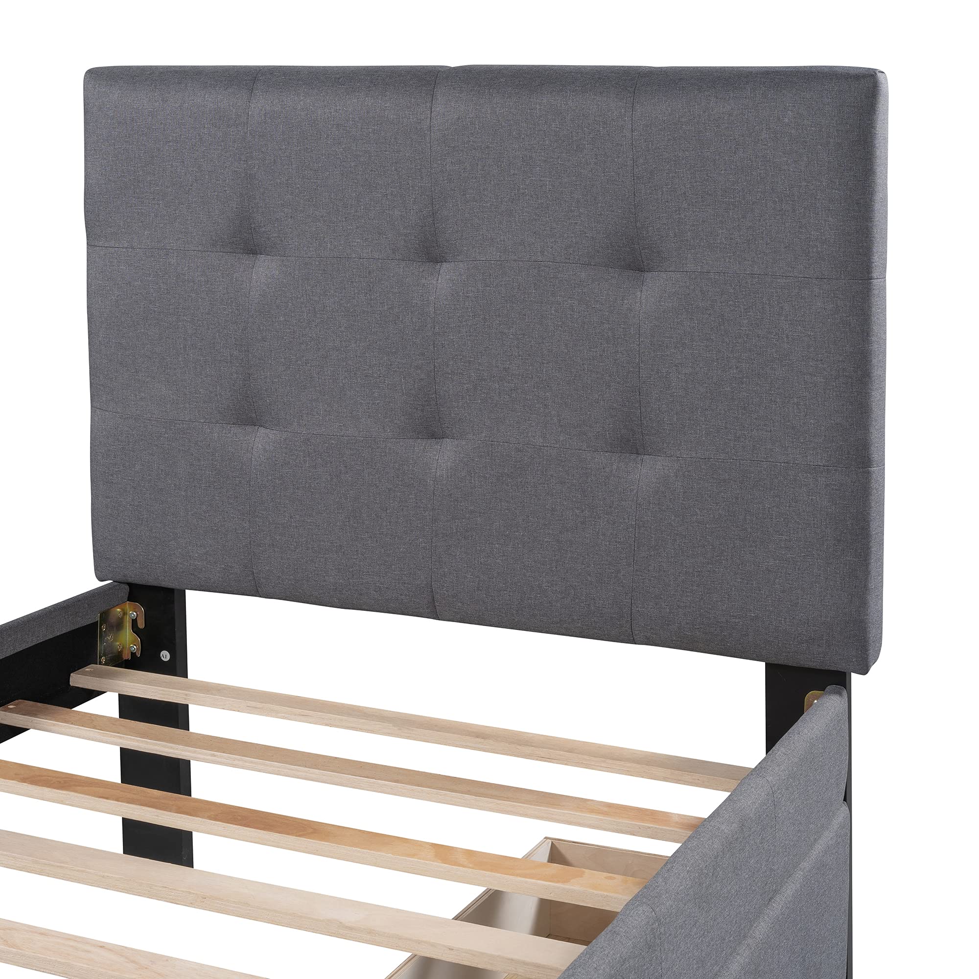 Quarte Linen Upholstered Platform Bed with Headboard - Twin Size Bed Frame with 2 Rolling Storage Drawers & Wooden Slats Support - No Box Spring Needed - Perfect for Kids & Adult Bedrooms (Gray) | Modern Space-Saving Bedroom Furniture for Small Rooms & Apartments