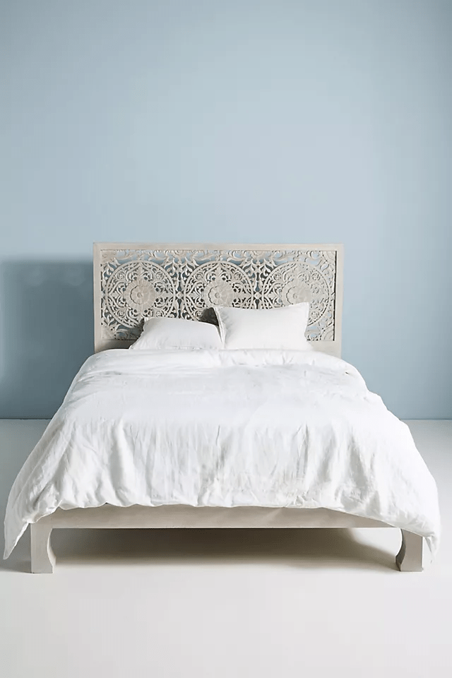 Hand Carved Low Lombok Bed in Gray Color | Indian Bed Design | Perfect for Boho, Coastal & Farmhouse Bedrooms