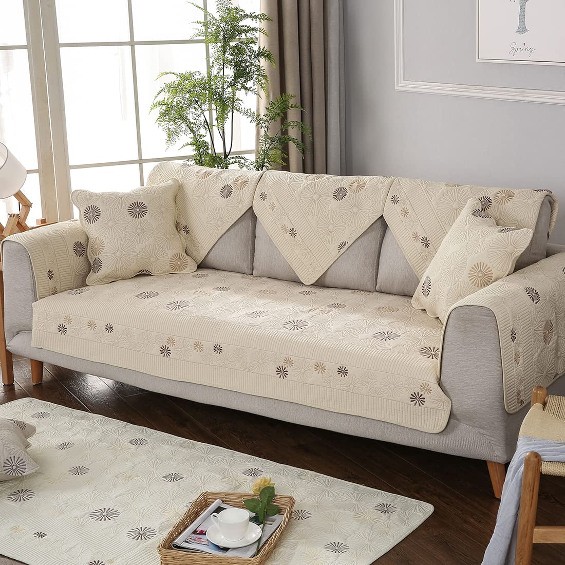VCTOPS Reversible Embroidered Cotton Sofa Cover - Soft Quilted Washable Slipcover for Sectional Couches - 36