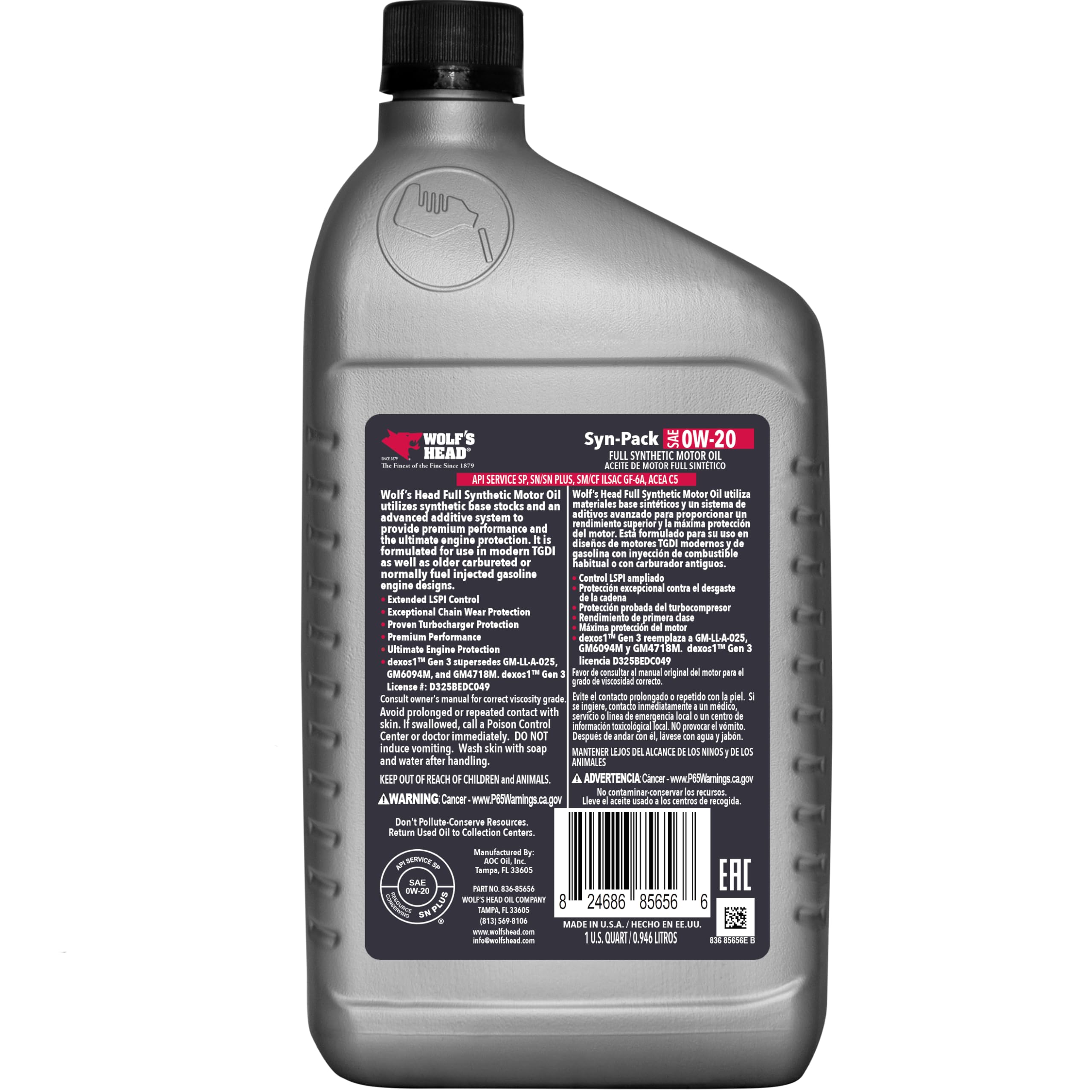 Wolf's Head 0W-20 dexos1 Full Synthetic Motor Oil - 1 Quart Bottle (Pack of 12) - High Performance Engine Protection for Cars, Trucks & SUVs - Ideal for Extreme Temperatures & Long Drain Intervals