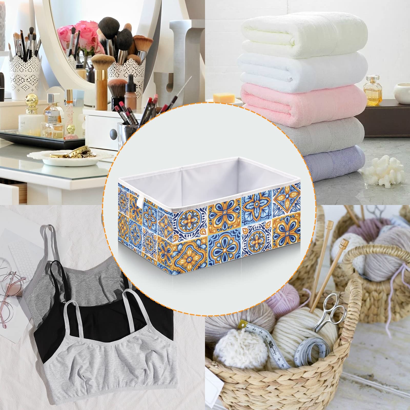 Italian Mexican Ceramic Tiles Blue Gold Orange Ethnic Folk Art Rectangular Storage Basket - Collapsible Foldable Organizer Bin for Toys, Clothes, Nursery | Easy to Assemble for Home Decor & Gift Giving