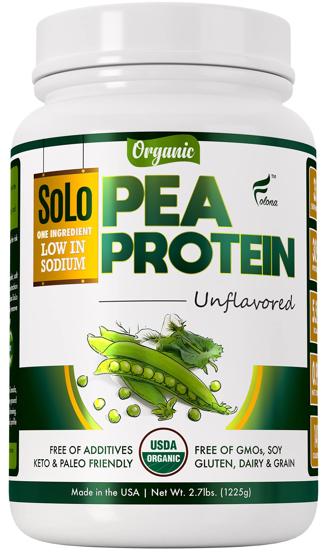 SOLO Organic Pea Protein Isolate Powder - 100% Vegan, Non-GMO, Unflavored Plant-Based Protein with BCAA - Low Sodium, Keto & Paleo Friendly, Easy to Digest - Made from Canada Grown Peas, No Additives (2.7 lbs) - Perfect for Smoothies, Baking & Post-Workout Recovery
