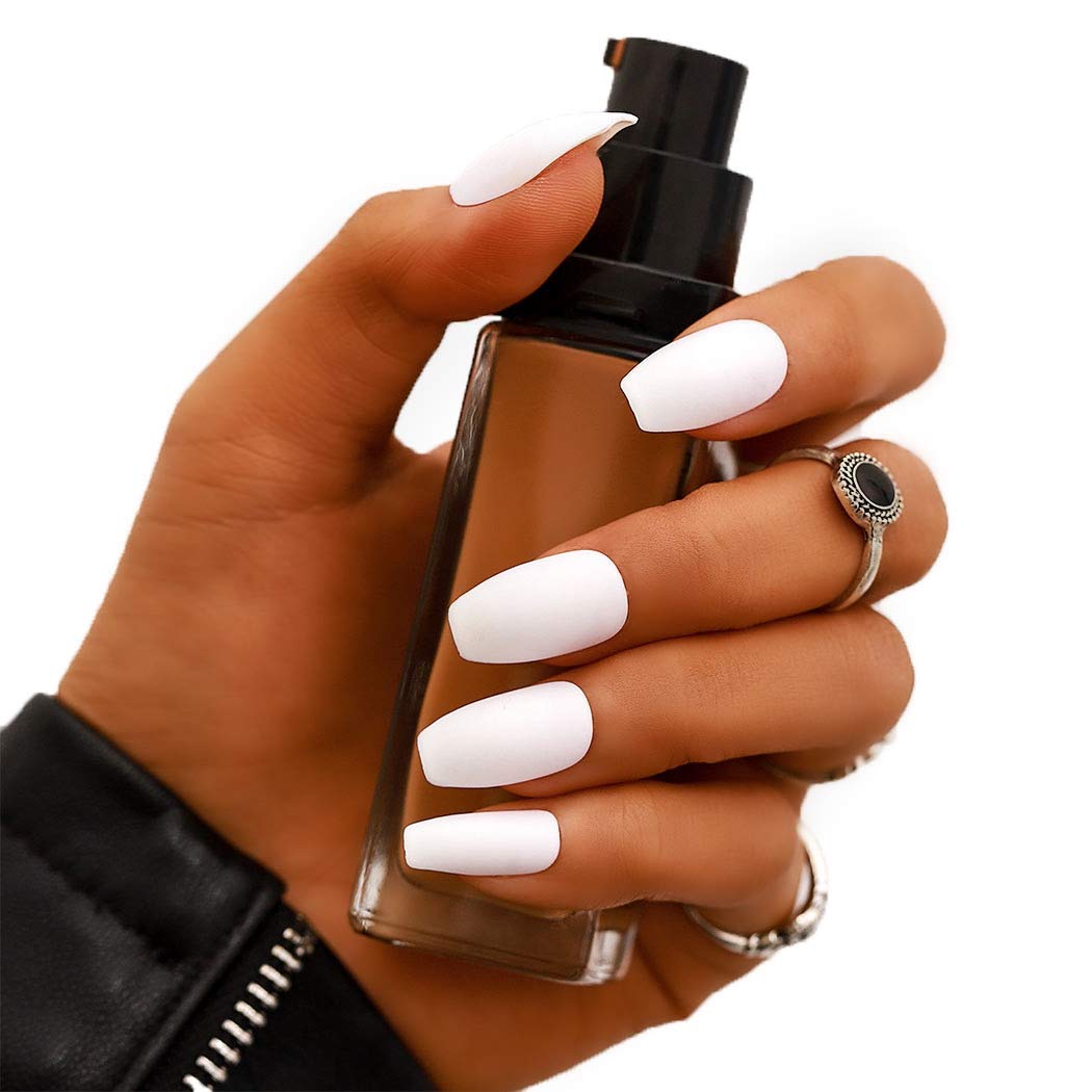24Pcs Matte Fake Nails Pure White Coffin Full Cover False Nails - Acrylic Nails Art for Women & Girls - Perfect for Fashion Party, Prom, Wedding & Daily Wear