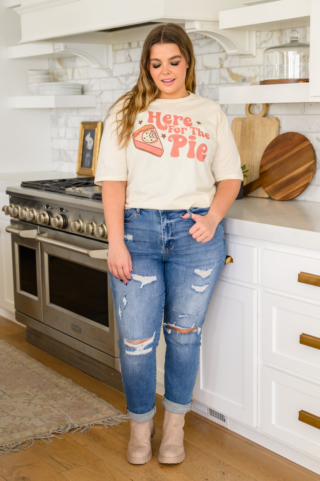 Here For The Pie Graphic T-Shirt in Cream | Funny Baking Lover Tee | Perfect for Baking Enthusiasts & Pie Lovers