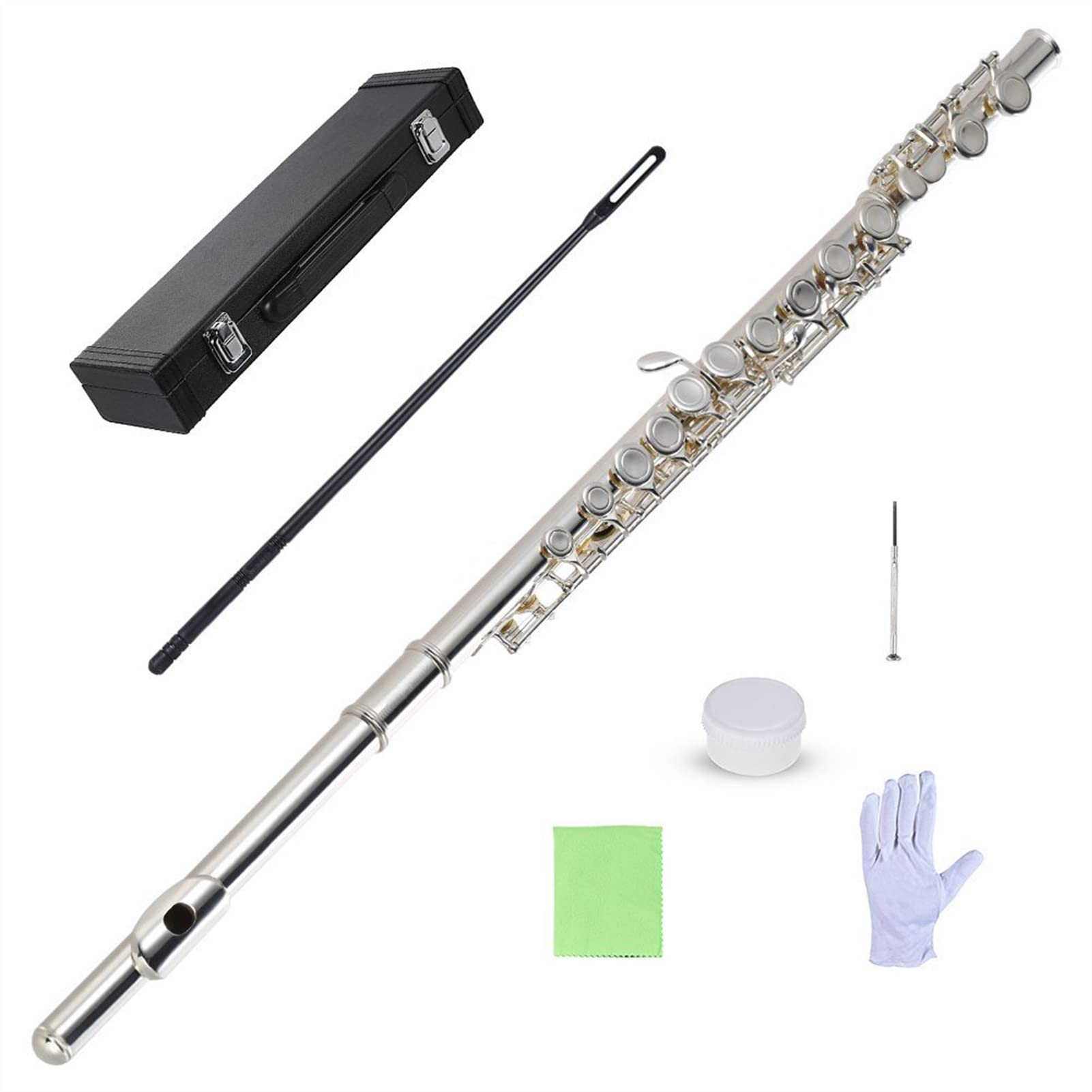 Professional C Key Flute - 16 Closed Holes Cupronickel Silver Plated Wind Instrument with Case & Screwdriver | Perfect for Beginners & Students | Ideal for School Bands, Practice & Performances