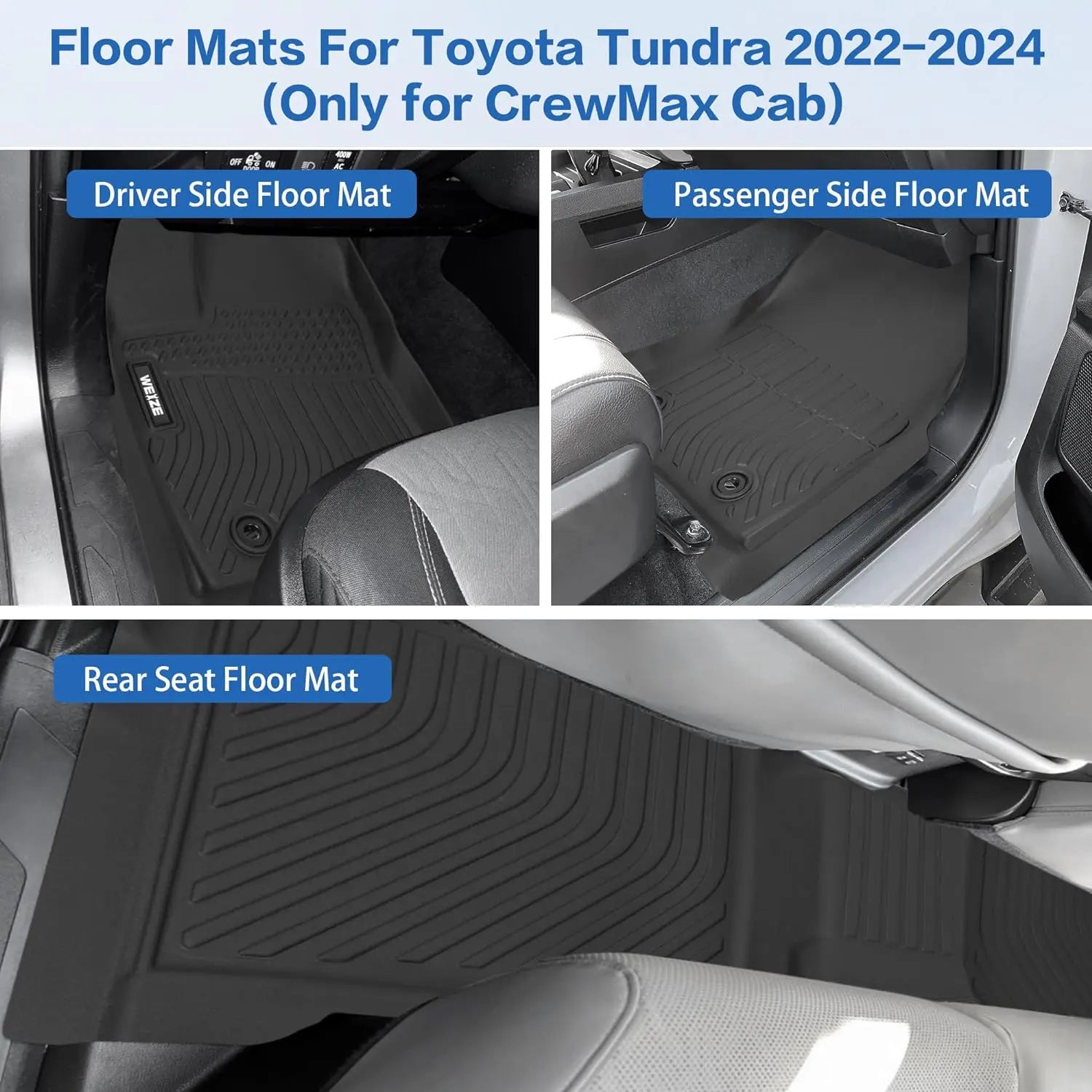 WEIZE Custom Fit All-Weather TPE Floor Mats for Toyota Tundra CrewMax 2022-2024 - 1st & 2nd Row Full Set Car Floor Liners - Durable, Non-Slip Protection for Mud, Snow & Spills