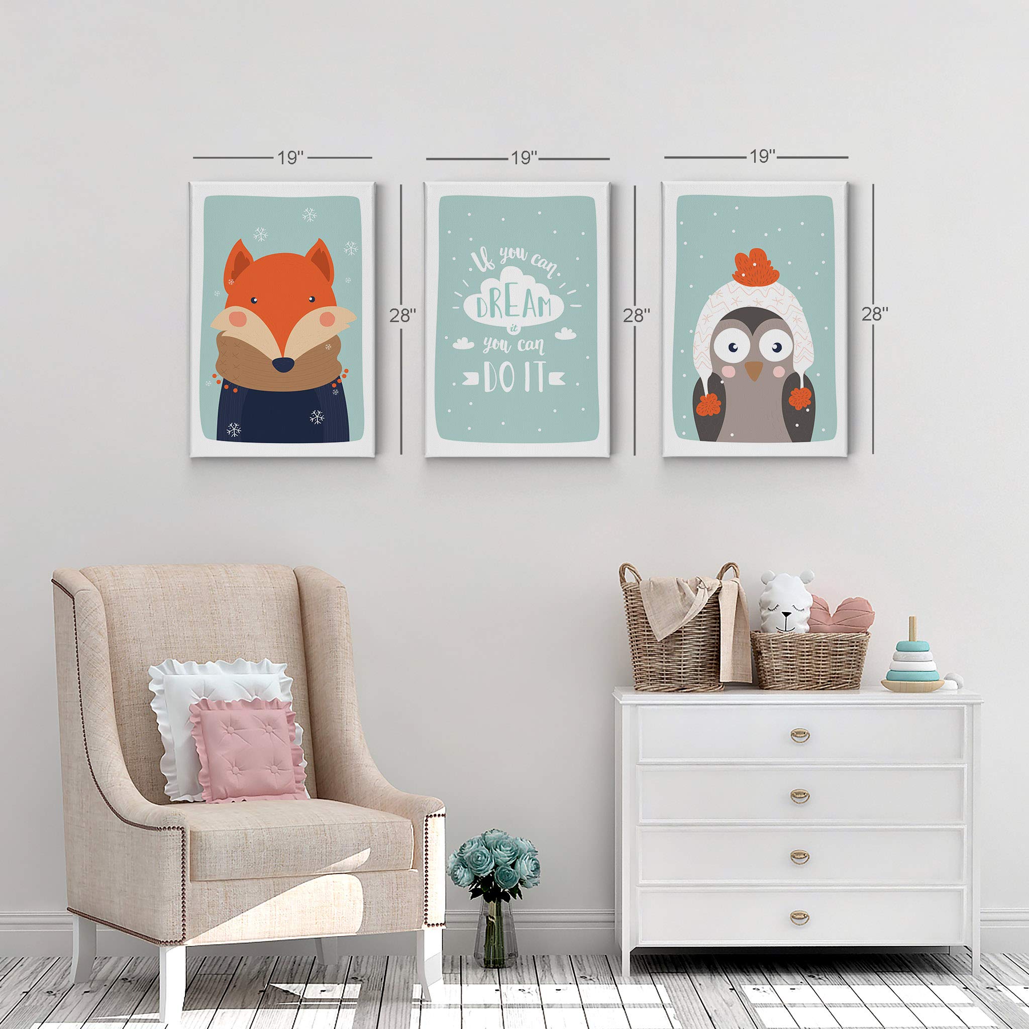 Cute Fox Owl Winter Theme Canvas Print Set - 3 Piece Turquoise Background Wall Art for Kids Room Decor, Baby Boy & Girl Nursery (40x30 Inches, Rolled) | Made in USA | Perfect for Bedroom, Playroom & Nursery Decor