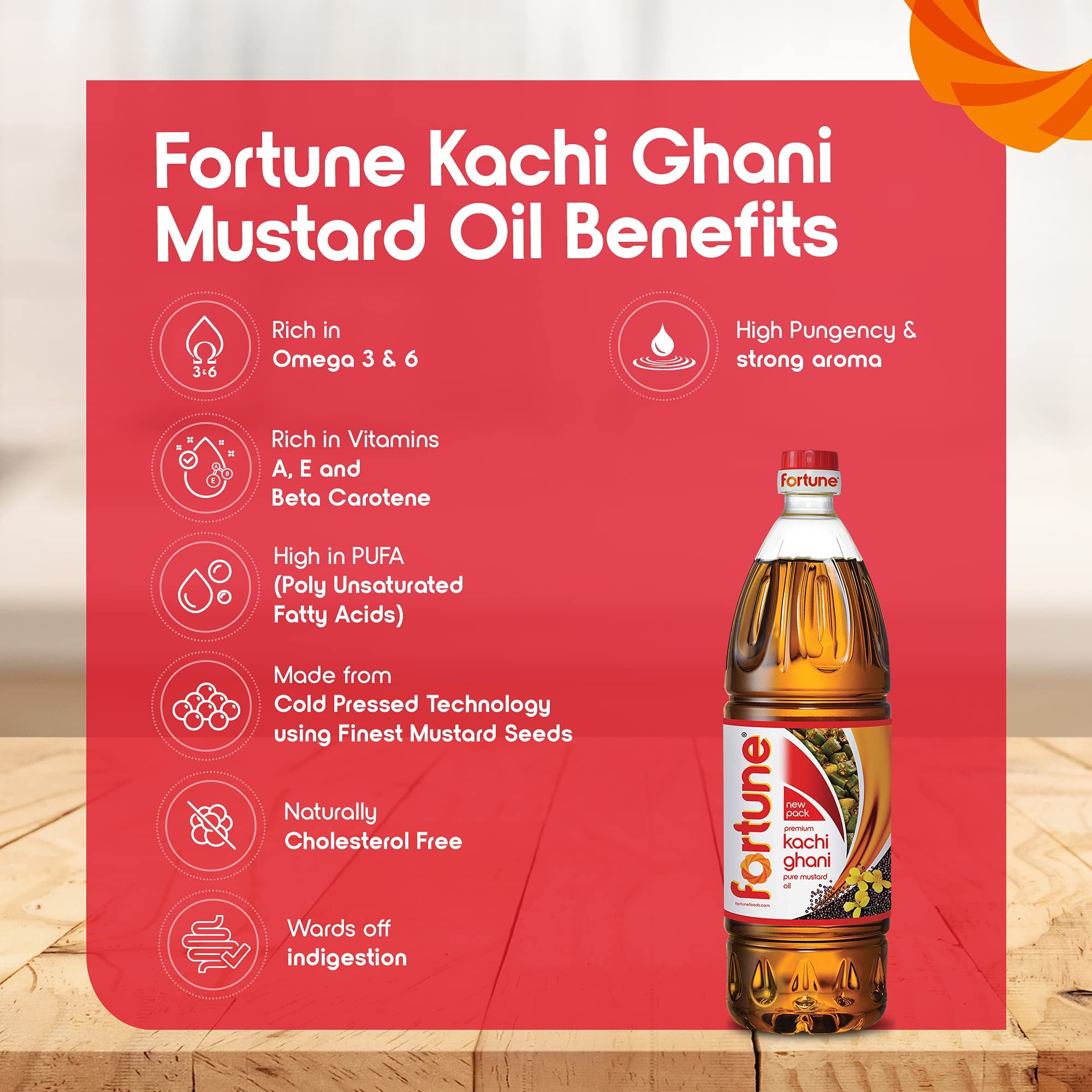 Premium Kachi Ghani Pure Mustard Oil - 1 Liter PET Bottle - Cold Pressed, Unrefined, Gluten-Free Cooking Oil for Indian Cuisine, Stir-Fry, Salad Dressing & Massage