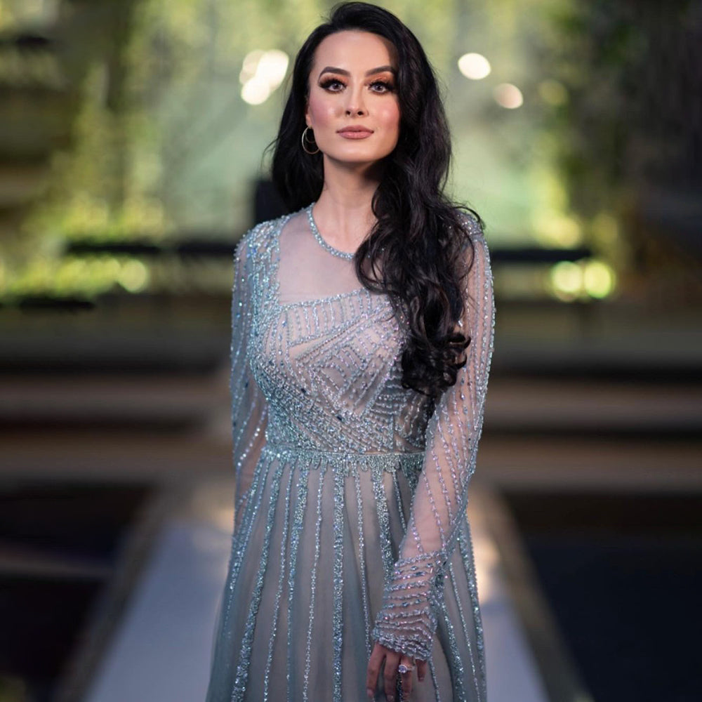 Serene Hill Luxury Turquoise Nude A-Line Evening Dresses for Women 2025 - Long Sleeve Beaded Elegant Gown LA71659 | Perfect for Prom, Wedding Guest & Formal Parties