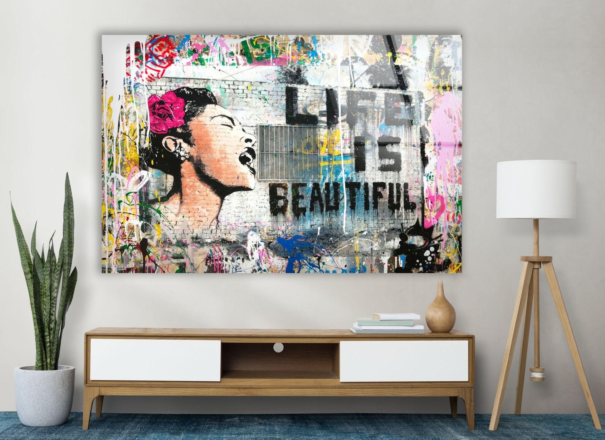 Banksy Life is Beautiful Glass Wall Art - Modern Home Decor for Living Room, Bedroom & Office - Unique Street Art Inspired Glass Print