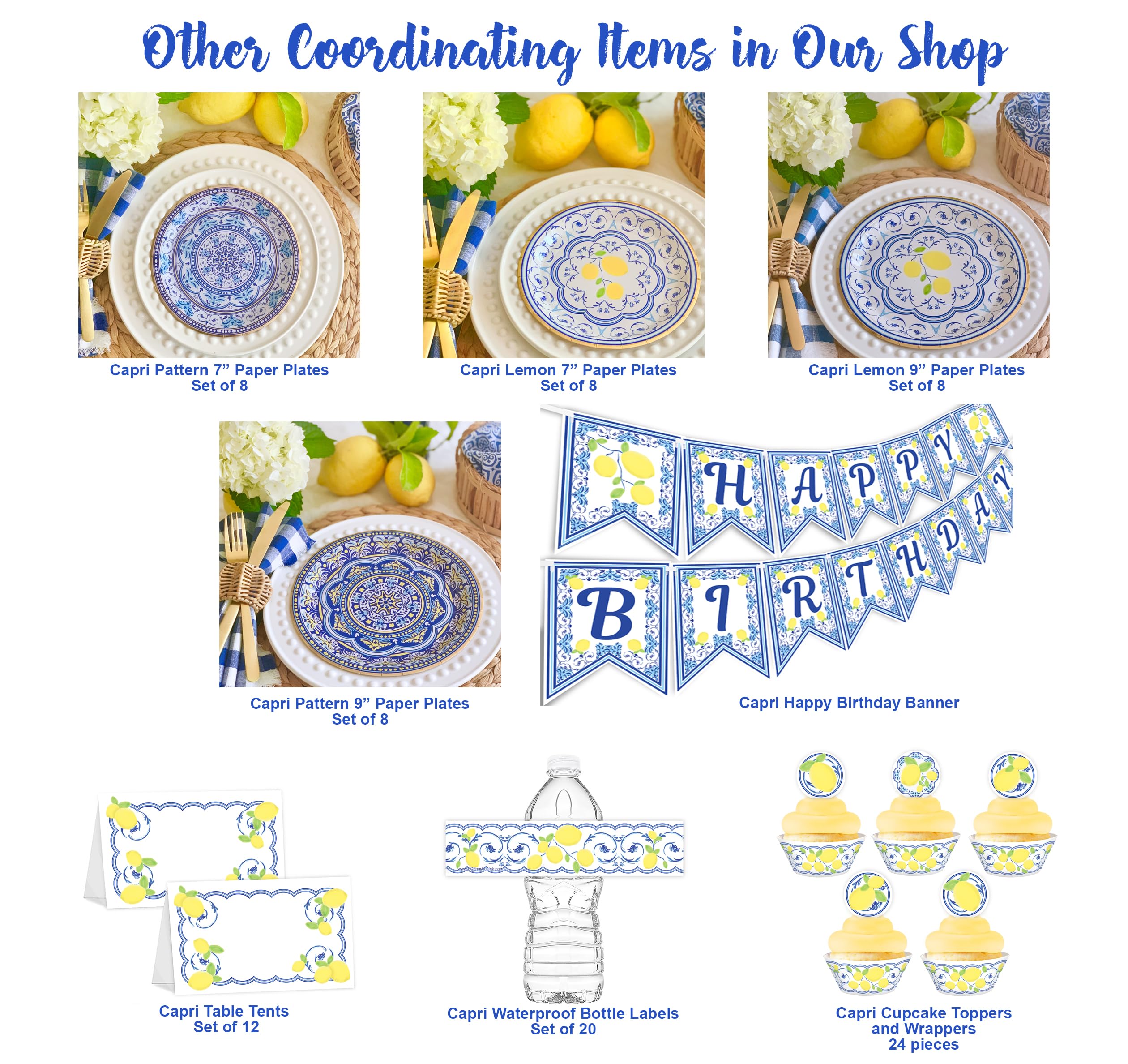 Capri Blue Pattern Paper Plates - Set of 8 | 7 Inch Decorative Disposable Plates for Picnics, Parties & Italian-Themed Events | Blue Tile Design Party Supplies for Engagement, Bridal Showers & Outdoor Dining