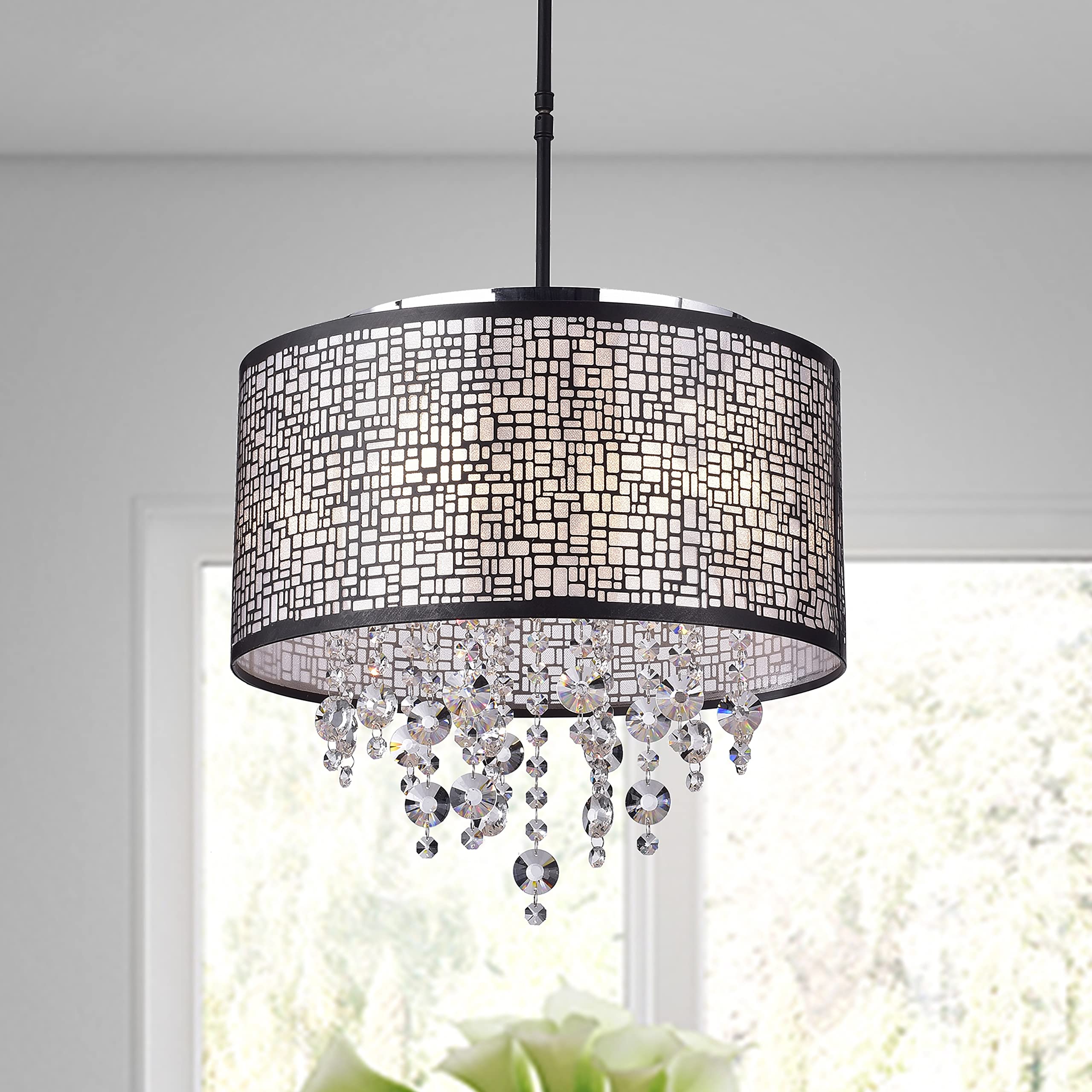 Anais 4-Light Black Metal Crystal Drum Chandelier - Modern Ceiling Lighting Fixture for Dining Room, Bedroom & Living Room Decor