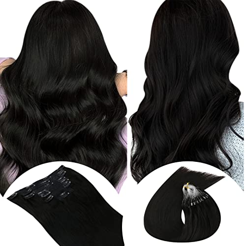 2 Packs Ugeat 24 Inch Off Black Clip-In Human Hair Extensions with Micro Loop - Natural Look for Daily Wear, Parties & Special Occasions