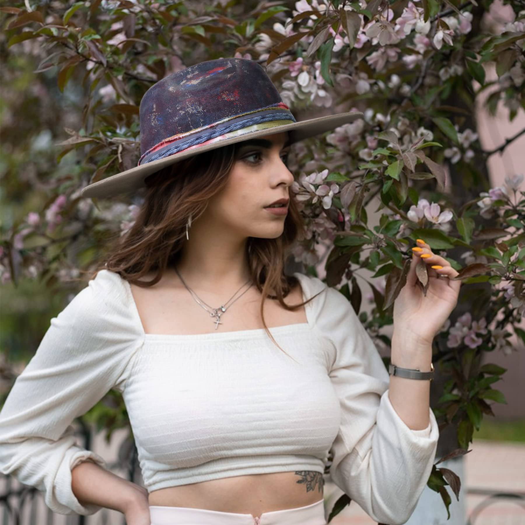Stylish RUEDIGER Wide Brim Fedora Hat for Men & Women - 100% Wool Felt Panama Rancher Hat with Unique Lightning Logo & Distressed/Burned Handmade Design - Perfect for Outdoor Adventures, Music Festivals, and Fashion Statements