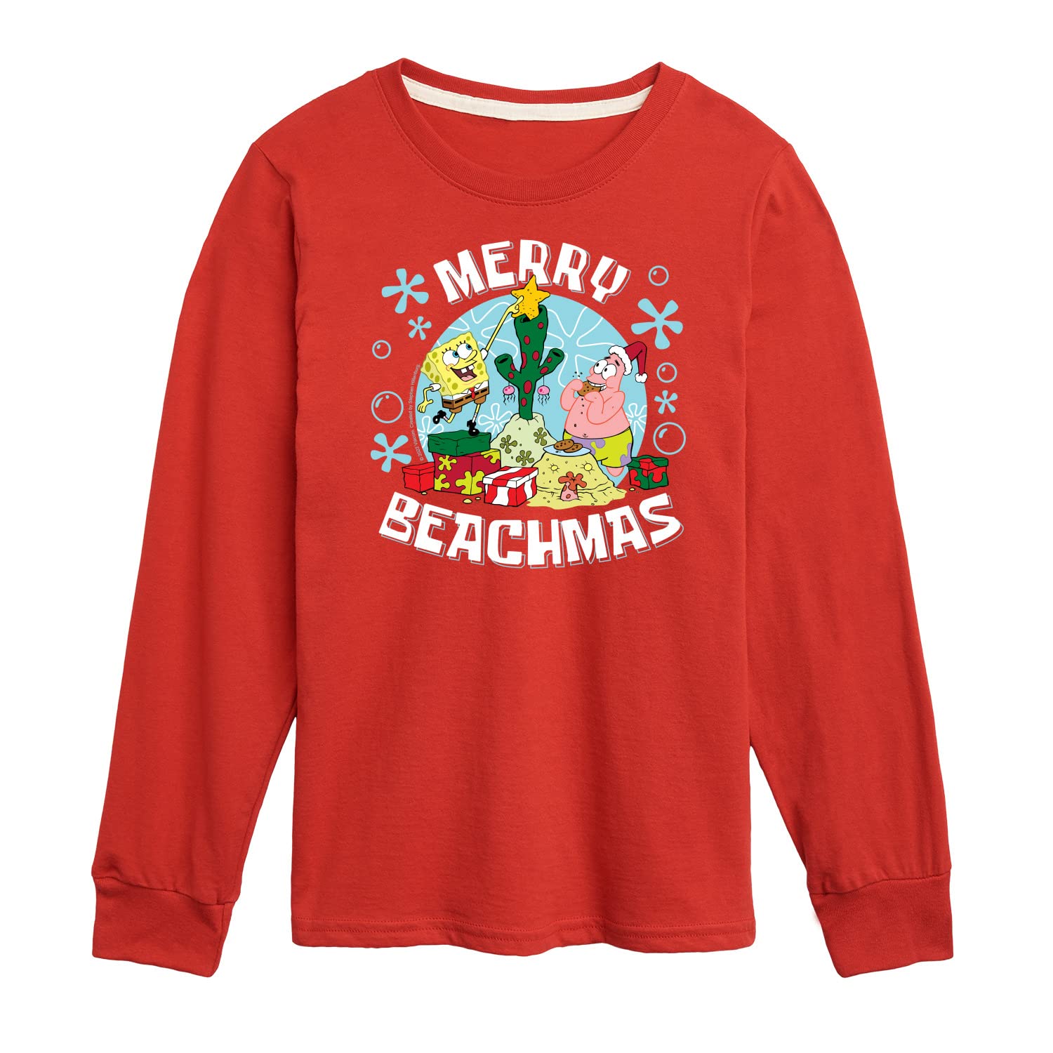 HYBRID APPAREL Spongebob Squarepants Merry Beachmas Long Sleeve Graphic T-Shirt for Toddler & Youth | Christmas Beach Holiday Gift | Casual Wear & Family Outfits