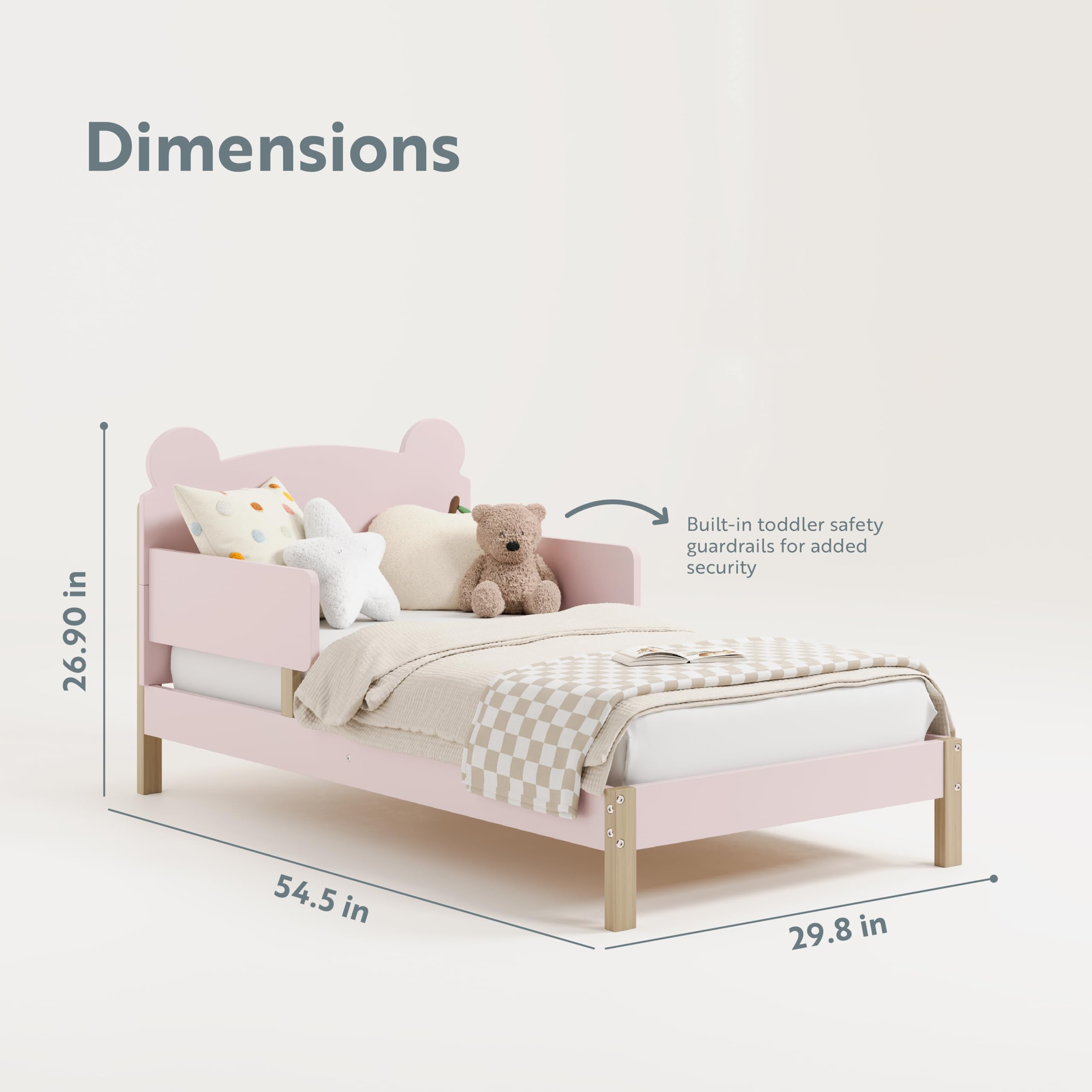 Storkcraft Teddy Bear Toddler Bed with Safety Rails - GREENGUARD Gold Certified, Blush & Driftwood 2-Tone Design, Fits Standard Crib Mattress | Cozy Nursery Furniture for Toddler's First Big Kid Bed Transition