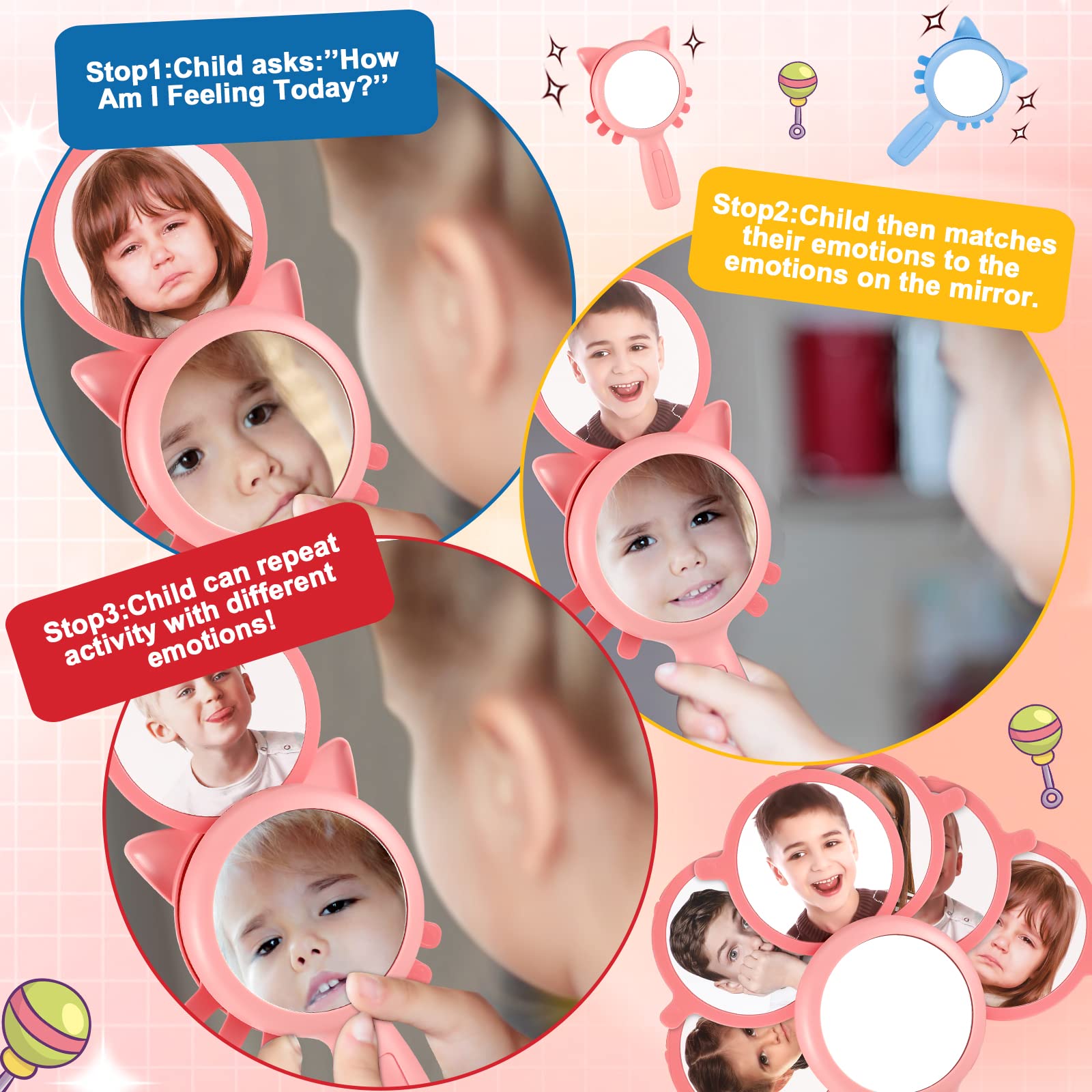 Yaomiao 4 Pack Unbreakable Kids Mirror - Shatterproof Handheld Emotional Learning Tool for Toddlers, Autism Sensory Toys & Anger Management - Perfect for Calm Down Corner, Classroom, Therapy & Social Emotional Development Activities