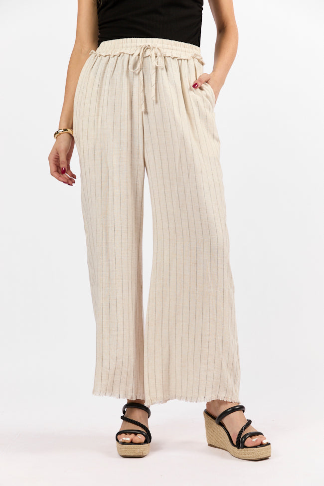 Full Sail Beige Linen Blend Striped Pants for Women - Comfortable Summer Casual Trousers with Elastic Waist - Perfect for Beach, Vacation & Everyday Wear