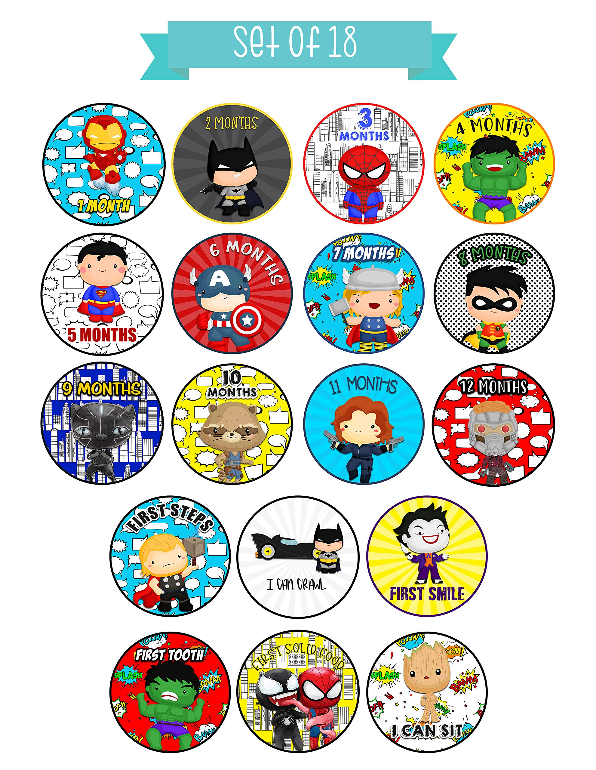 Superhero Baby Milestone Stickers Set of 18 - Darling Character Themed Growth Chart for Boys & Girls | Perfect Baby Shower Gift, Monthly Photo Props & Scrapbook Keepsake | Ideal for Newborn Photography, First Birthday Party Decor & Memory Book Journaling
