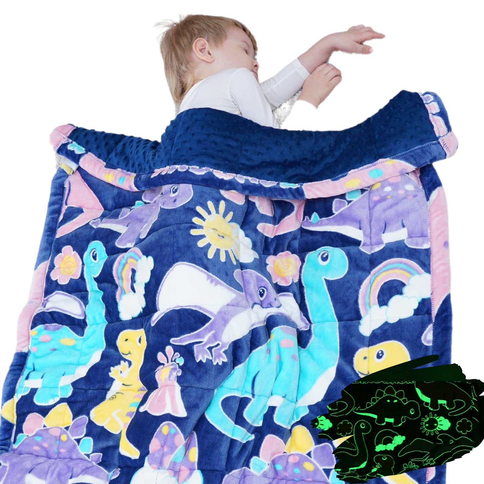 Glow in the Dark Weighted Blanket for Kids - 7 lbs Blue Dinosaur Minky Blanket for Calming Anxiety, Better Sleep & Sensory Therapy | Perfect for Bedtime, Relaxation & Autism Support