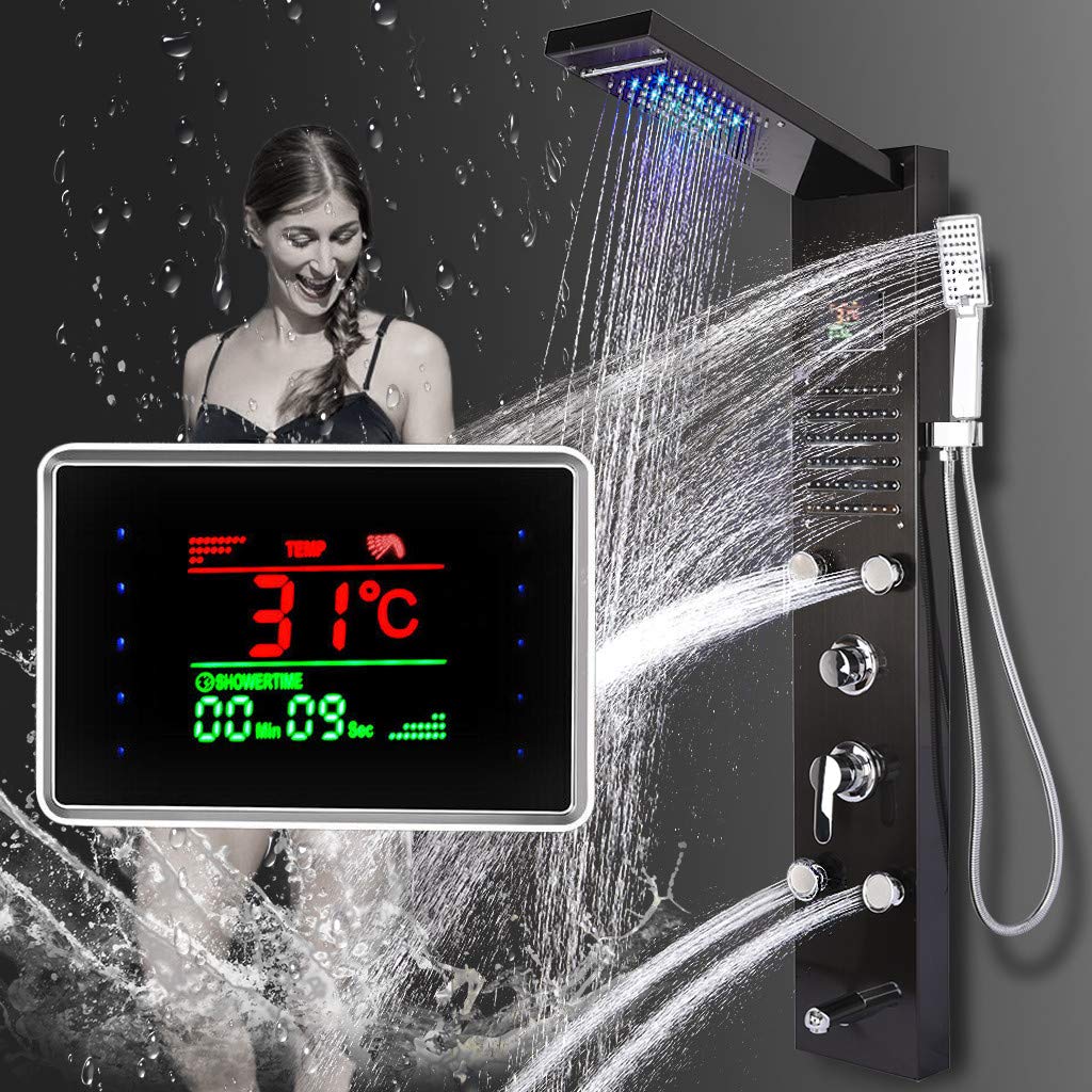 5-in-1 LED Shower Panel Tower System with Rainfall Shower Head, Massage Jets, Tub Spout & Handheld Shower - Stainless Steel Multi-Function Shower Column for Luxury Bathroom Upgrade (Black) | Fast US Shipping