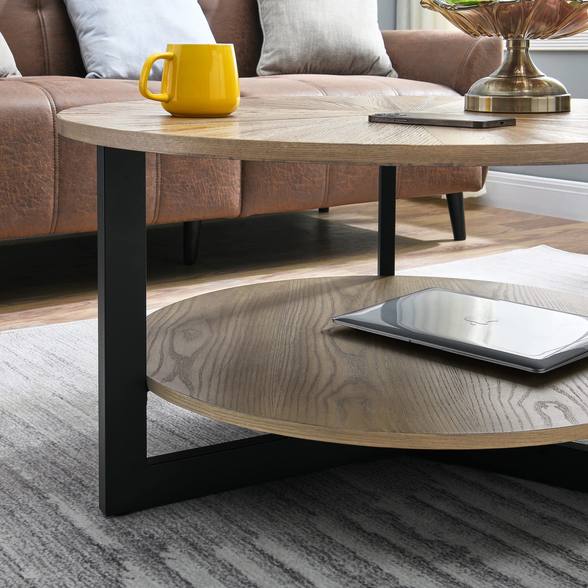 Round Coffee Table for Living Room - 2 Tier Solid Wood Coffee Table with Storage Shelf & Black Metal Legs, 33.5