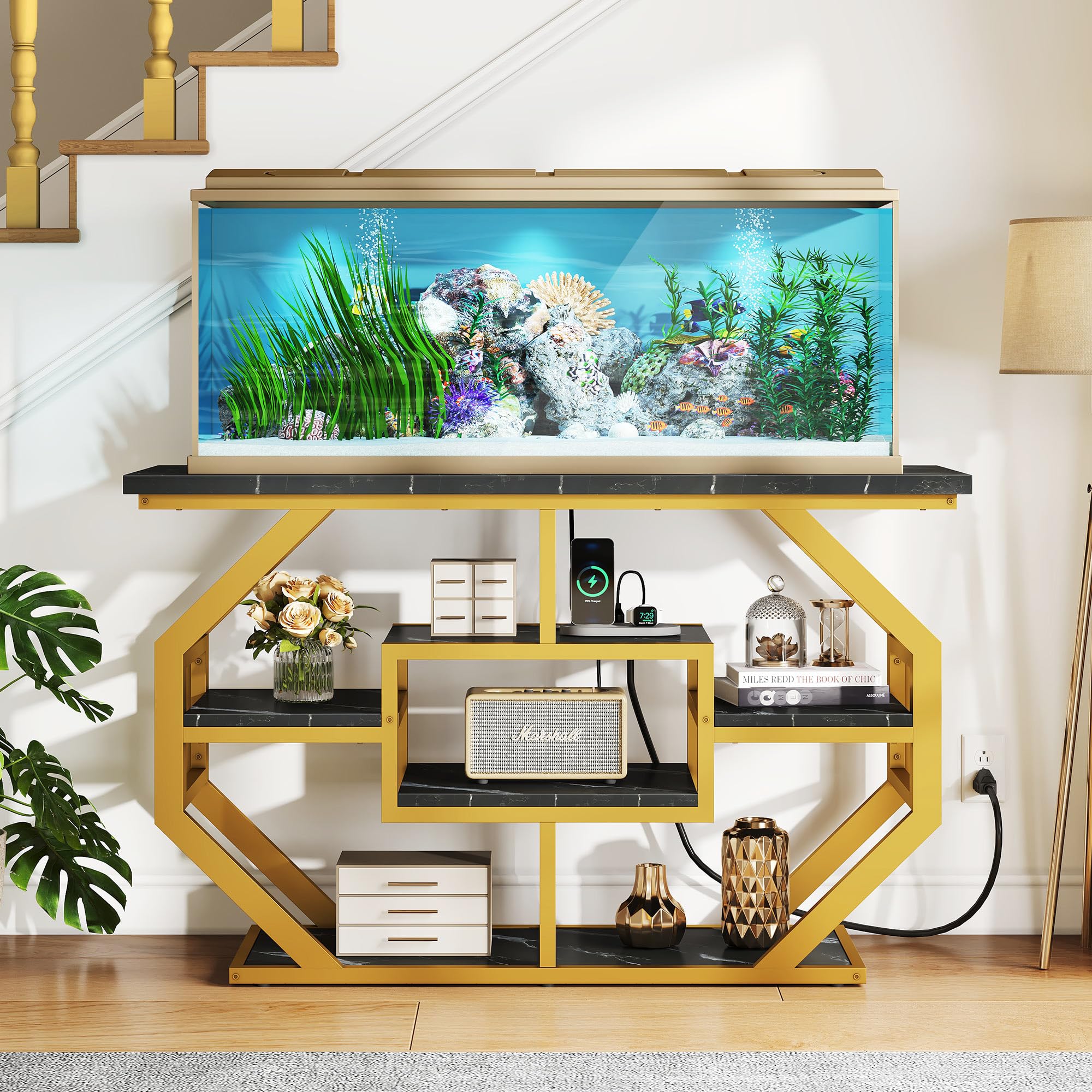 DWVO 55-75 Gallon Heavy Duty Aquarium Stand with Power Outlet - Sturdy Metal Fish Tank Stand for Turtle Tanks & Reptile Terrariums - 860LBS Capacity Black & Gold Display Stand for Living Room, Entryway, or Office Decor