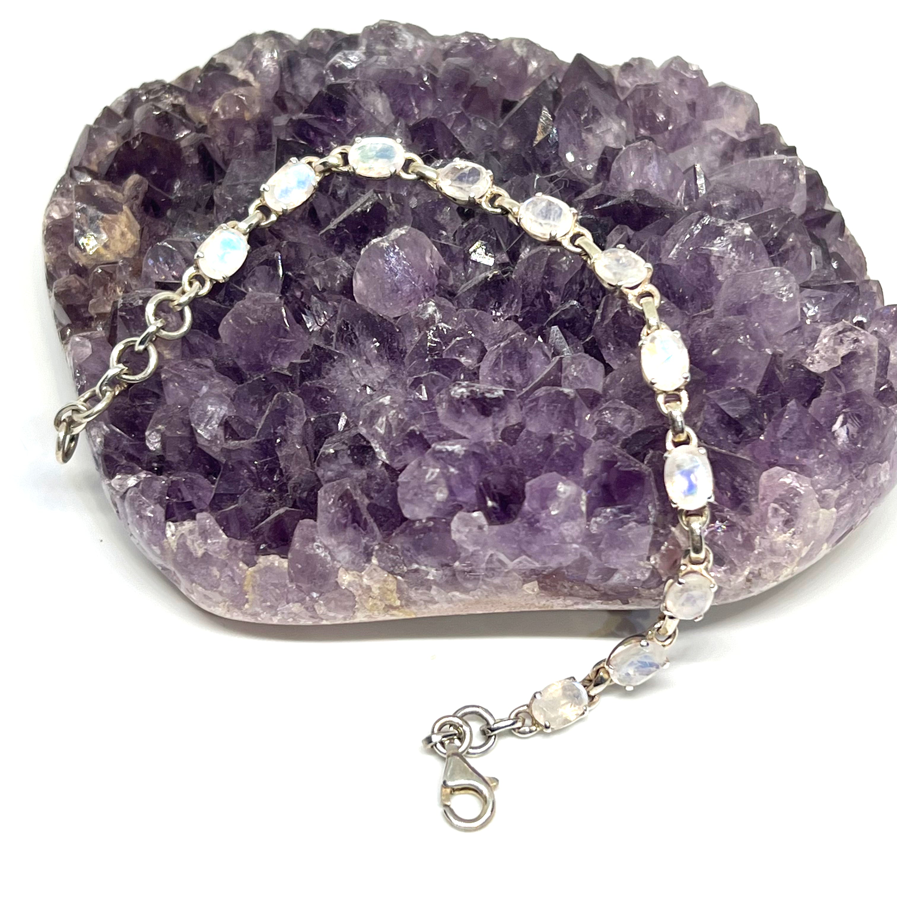 925 Sterling Silver Moonstone Faceted Oval Gemstone Bracelet with Crown Setting - Elegant Jewelry for Women, Perfect for Weddings, Parties & Everyday Wear