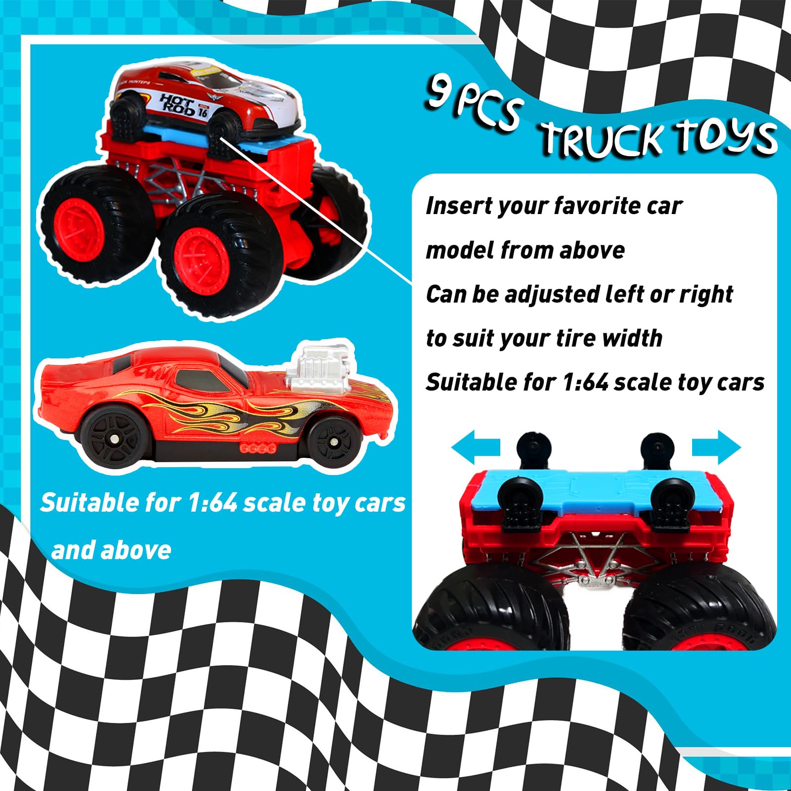 Golden Wheel 9-Pack Pull Back Cars & Monster Trucks - 1:64 Scale Die-Cast Toy Vehicles for Boys Age 3+ | Mini Race Car Set with Free Online Games | Perfect for Birthday Gifts, Playtime & Collecting
