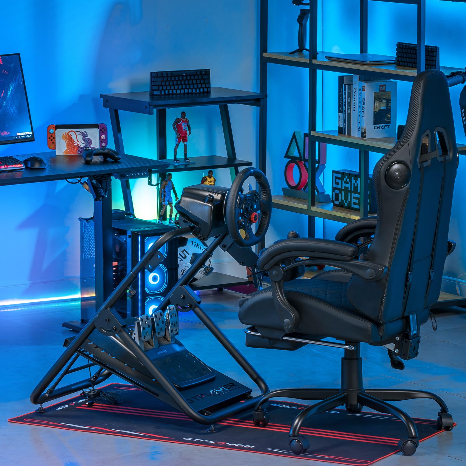 GTPLAYER Sim Racing Steering Wheel Stand - Compatible with Logitech G920 G923 G29 G25 G27 & Thrustmaster T300RS T300GT T500RS TGT TS - Foldable Design with Shifter Mount & Tilt Adjustment (Wheel & Pedals Not Included) - Perfect for Home Racing Simulator Setup & Gaming Enthusiasts