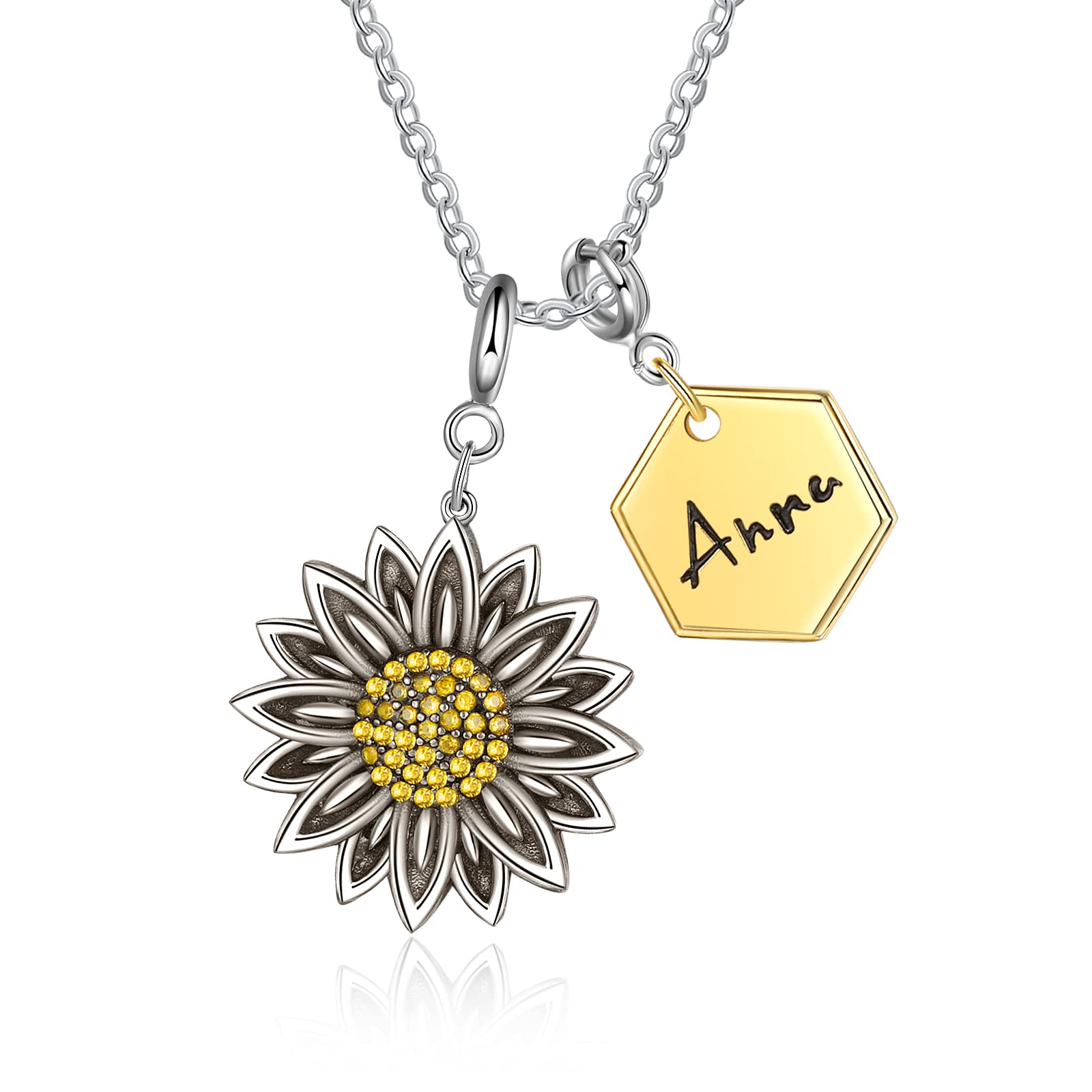 **Personalized Sunflower & Bee Name Necklace for Women - Custom Engraved Jewelry Gift for Her - Perfect for Birthdays, Anniversaries & Mother's Day**    *(场景: Ideal for gifting on special occasions, everyday wear, or as a sentimental keepsake.)*