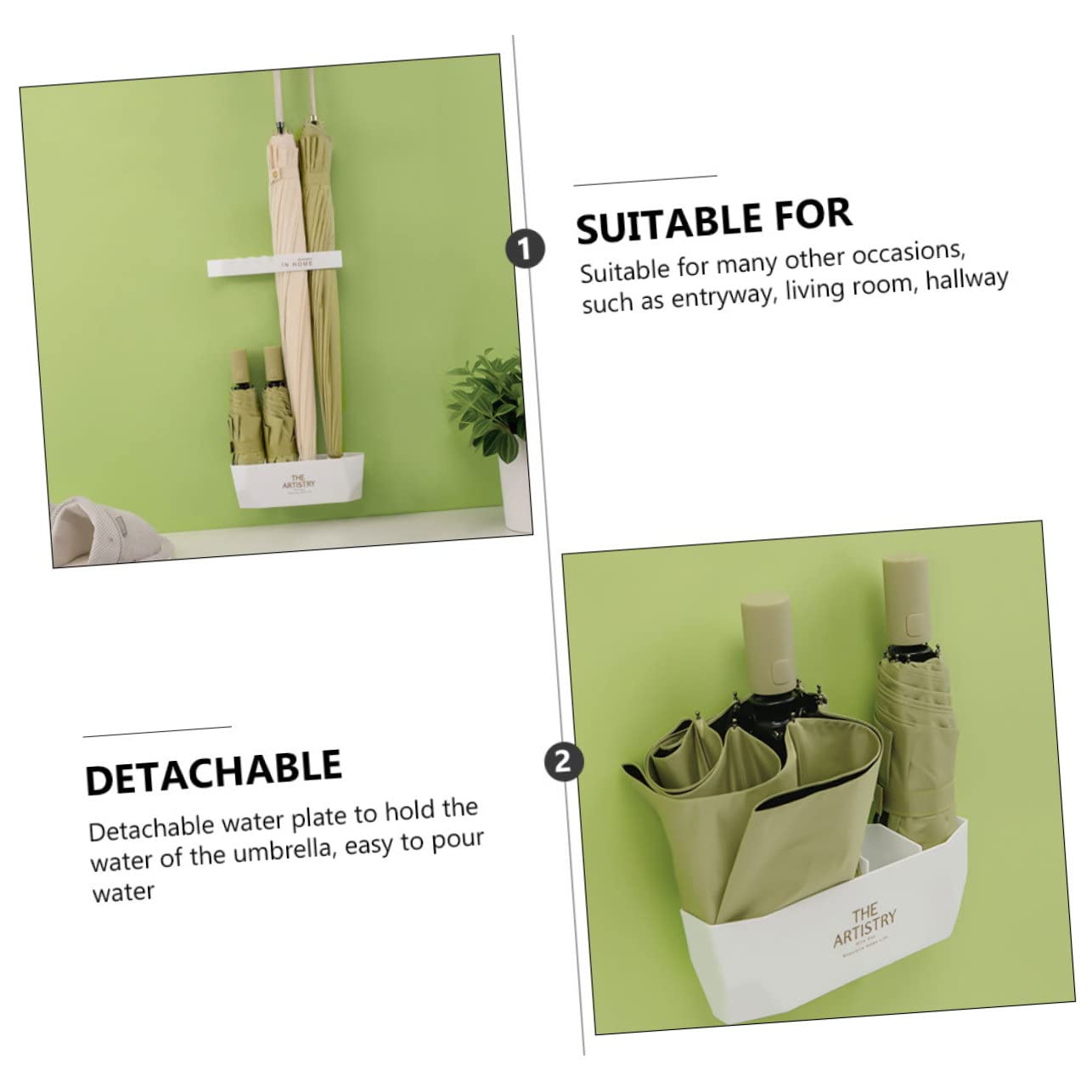 FOMIYES Wall-Mounted Umbrella Holder & Shelf Bracket Set - White Umbrella Storage Organizer with Drain Rack for Entryway, Garage & Outdoor Use