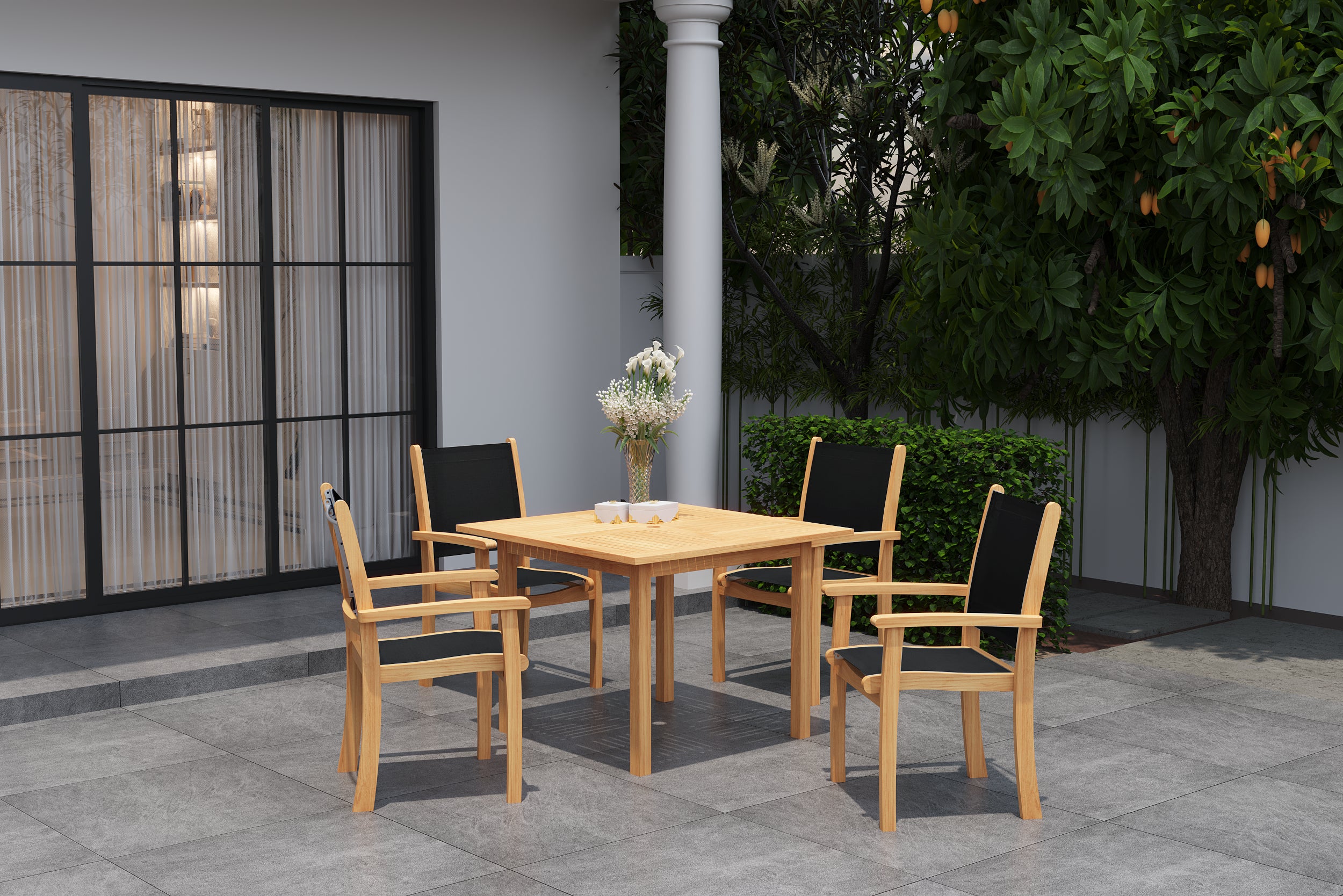 Black Perrin 5-Piece Square Teak Outdoor Dining Set with Stacking Armchairs - Durable Patio Furniture for Backyard, Garden & Poolside Dining
