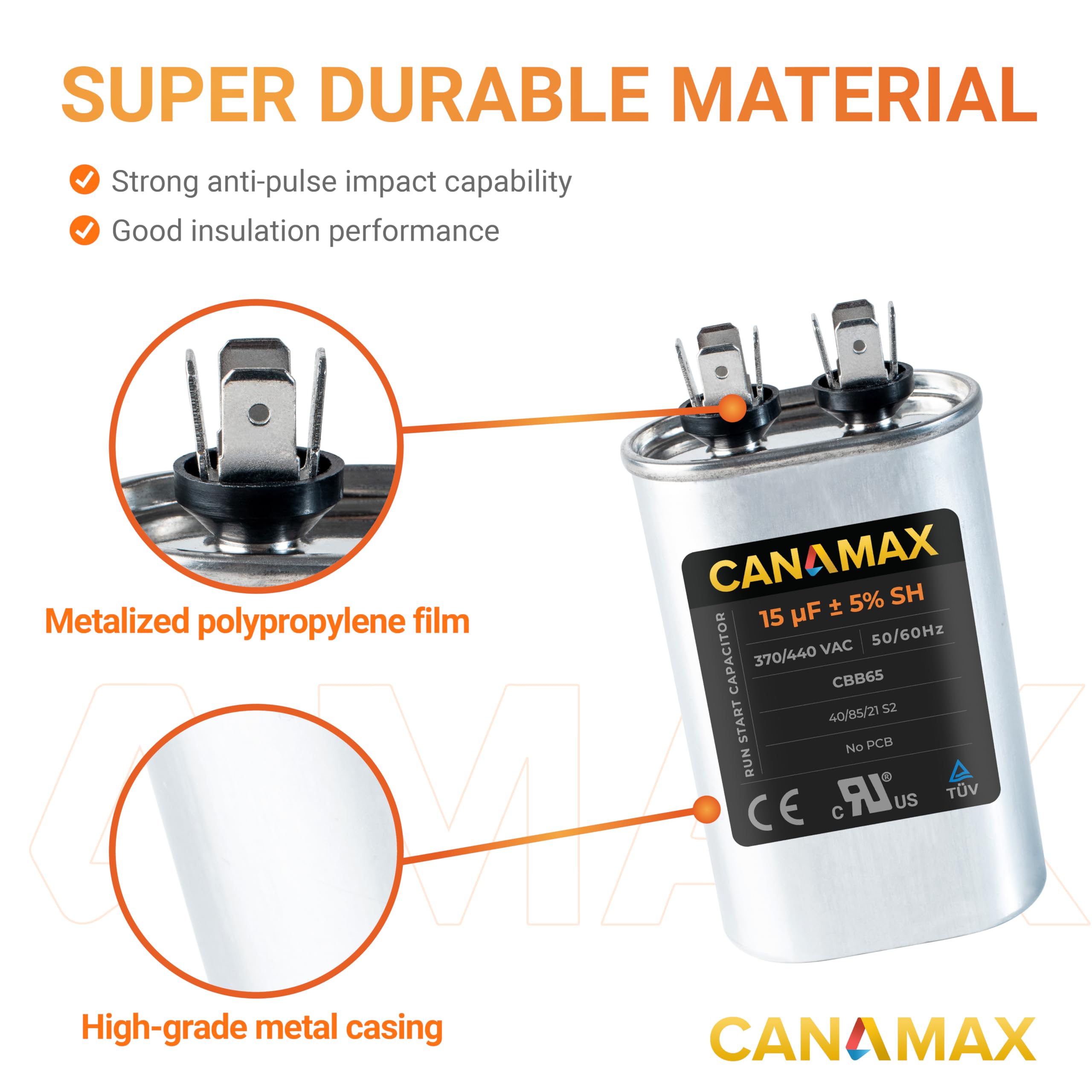 Canamax Premium 15 MFD ±5% 370V/440V Oval Run Start Capacitor - Replacement for AC Motor, Fan, Heat Pump & Air Conditioner - Perfect for HVAC Systems, Coolers & Home Appliances