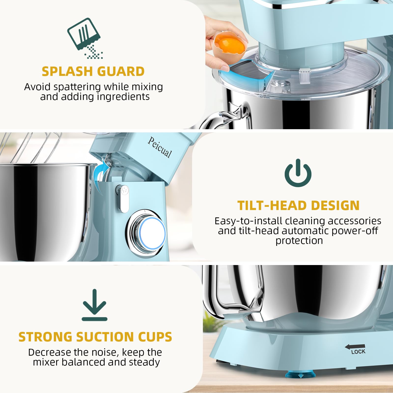 6QT 10-Speed Tilt-Head Stand Mixer with Stainless Steel Bowl - Dough Hook, Flat Beater & Wire Whisk Included - Perfect for Baking Cakes, Cookies & Bread - Splash Guard & Blue Design for Mess-Free Kitchen Mixing