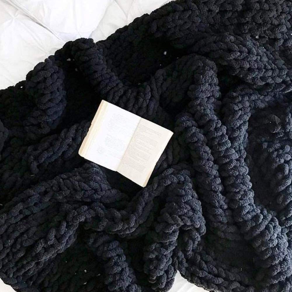 50x60 Inch Handmade Chunky Black Chenille Blanket - Ultra Soft & Thick Knit Throw for Bed, Sofa, Couch - Machine Washable Fluffy Blanket for Cozy Home Decor & Winter Warmth